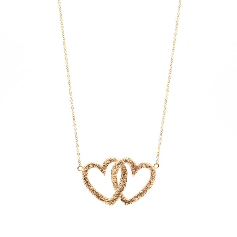14 Karat Yellow Gold Double Heart Necklace For Sale at 1stDibs
