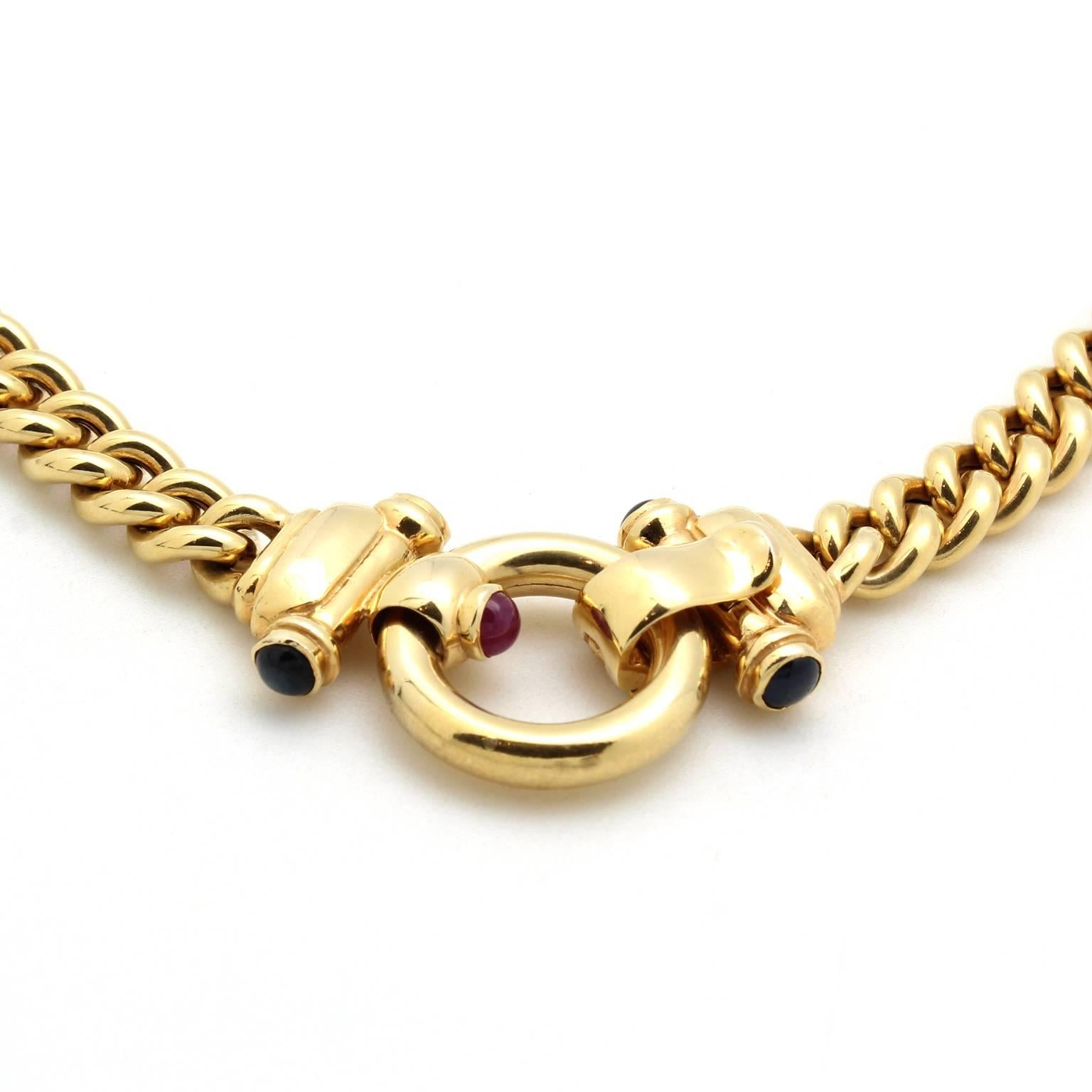 Contemporary Vintage 14 Karat Yellow Gold Curb Link Chain with Sapphire and Ruby Clasp For Sale