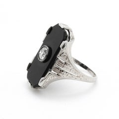 White Gold Art Deco Diamond and Onyx Ring with Hand Engraving