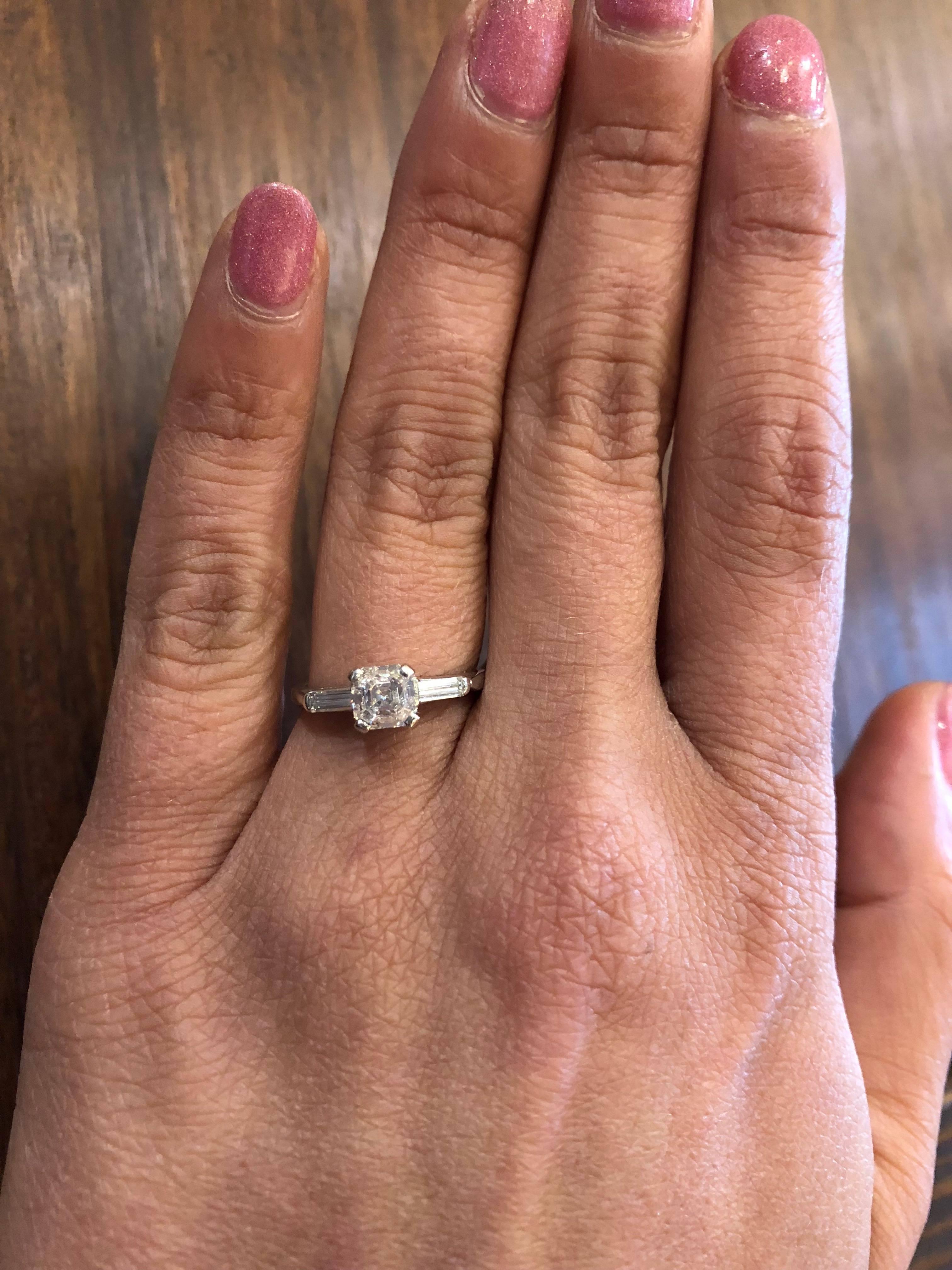 GIA Certified 1.00 Carat Asscher Cut Diamond Platinum Engagement Ring For Sale 4