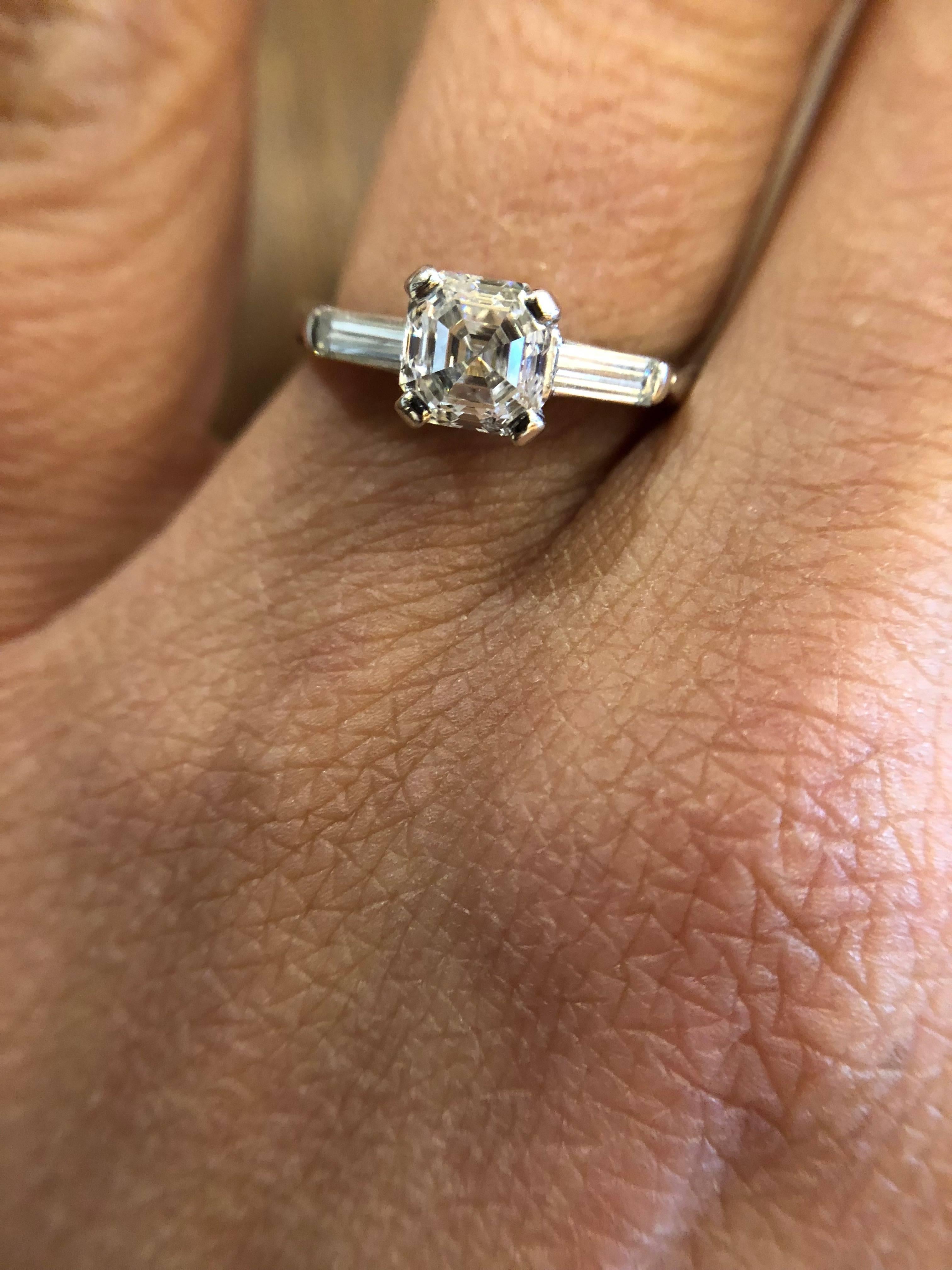 GIA Certified 1.00 Carat Asscher Cut Diamond Platinum Engagement Ring For Sale 3