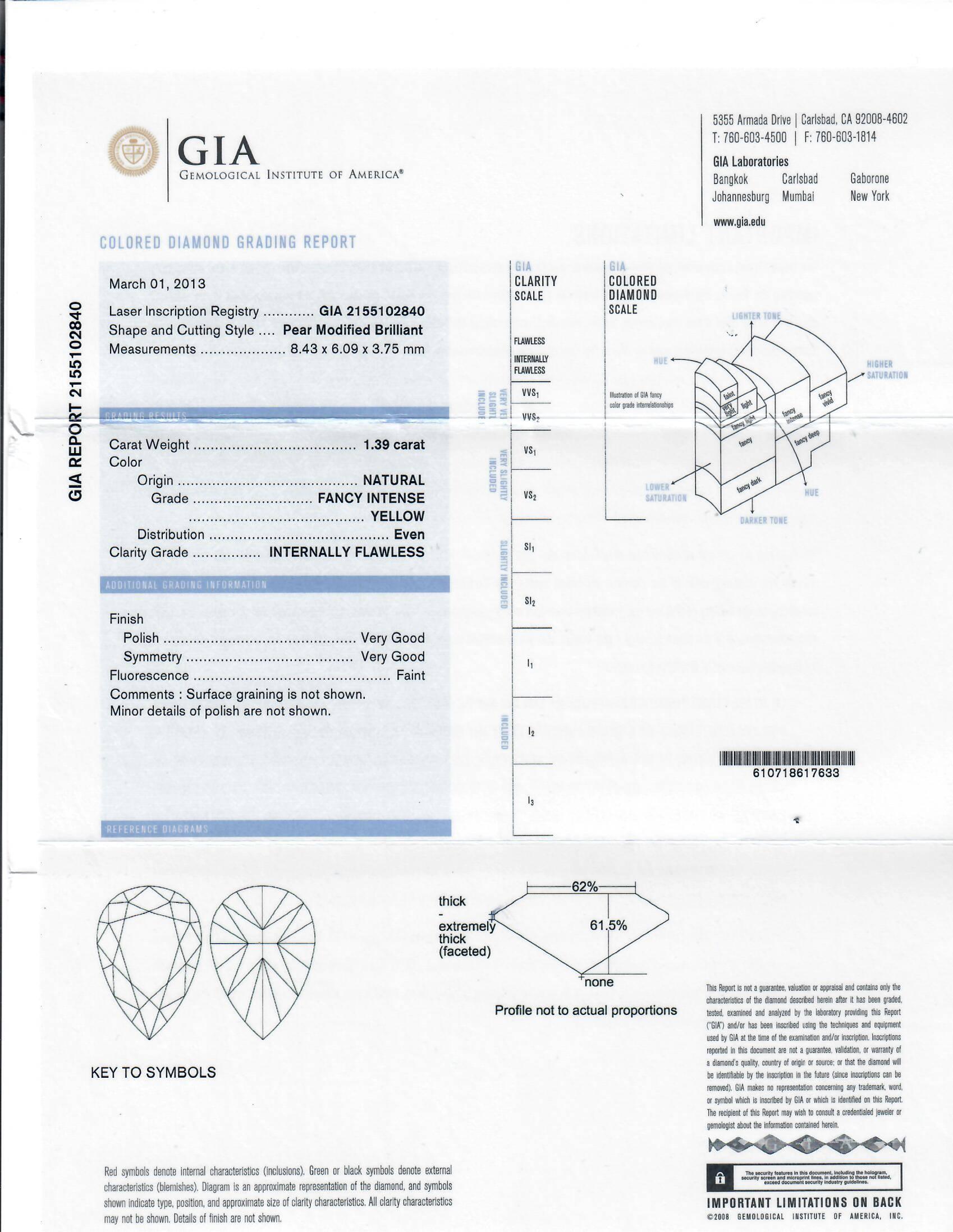 GIA Certified Internally Flawless Fancy Intense Pear 1.39 Carat Diamond Ring For Sale 1