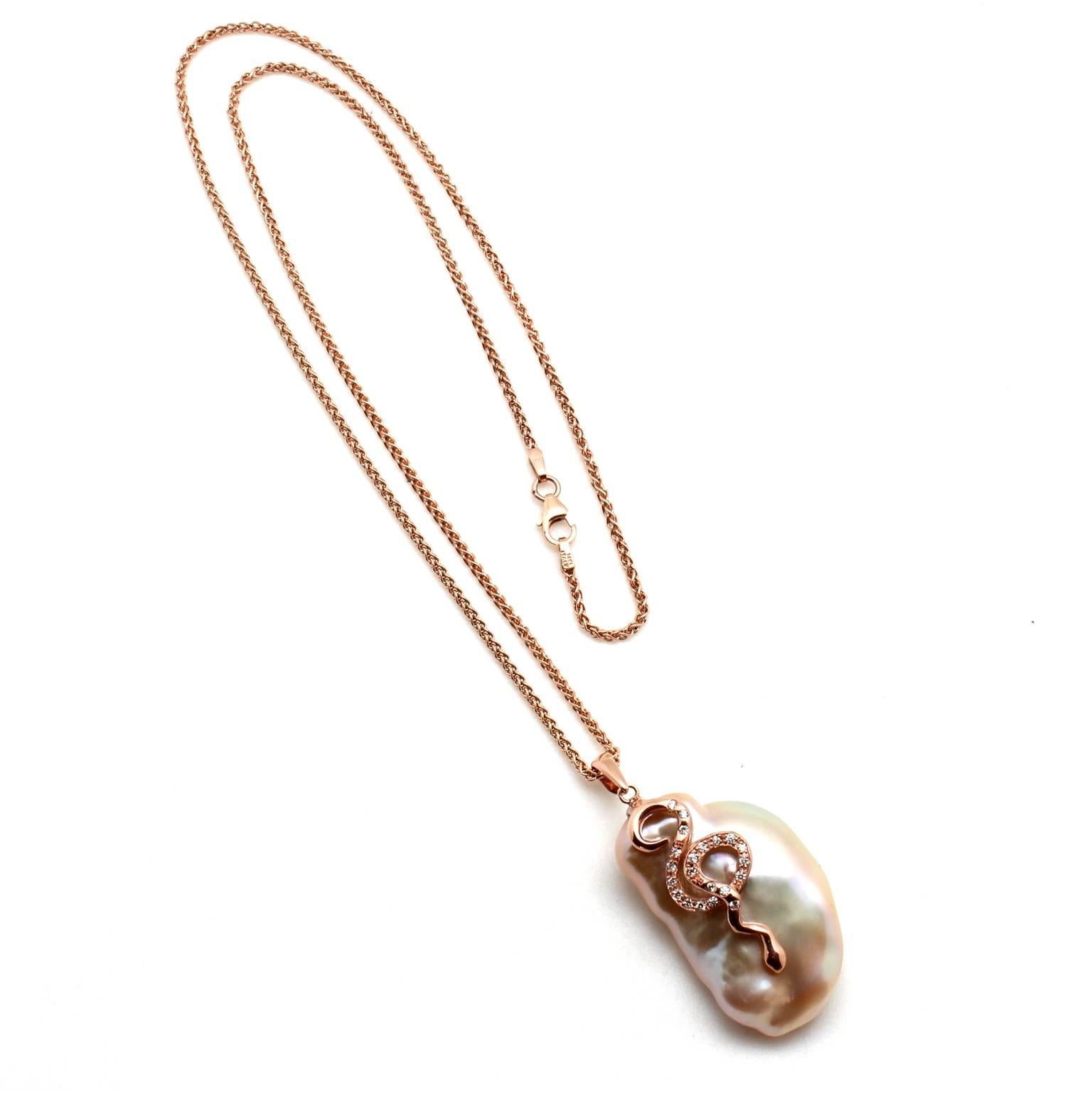 Women's or Men's Pearl Diamond Rose Gold Snake and Pendant For Sale