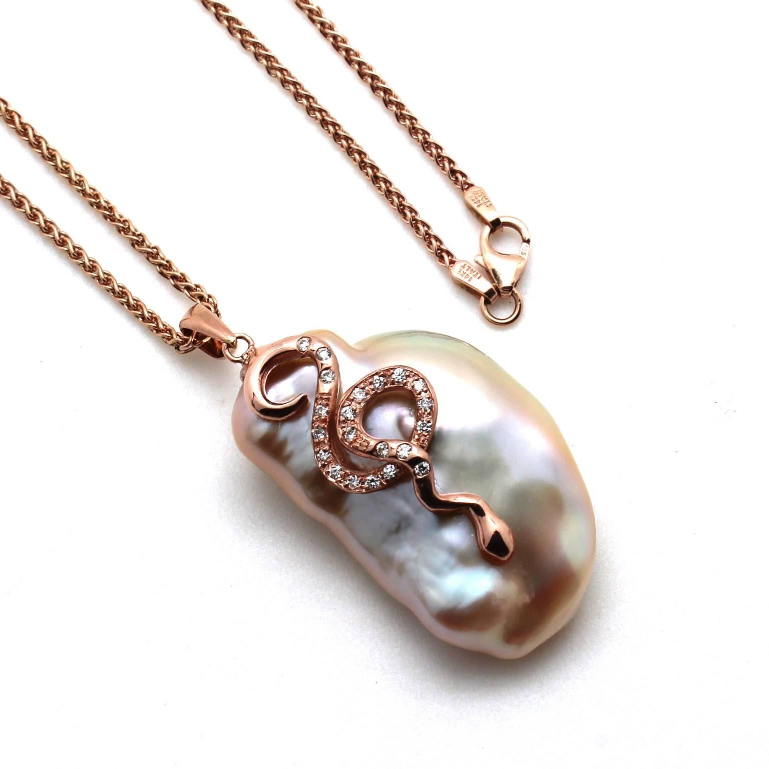 Pearl Diamond Rose Gold Snake and Pendant In New Condition For Sale In San Francisco, CA