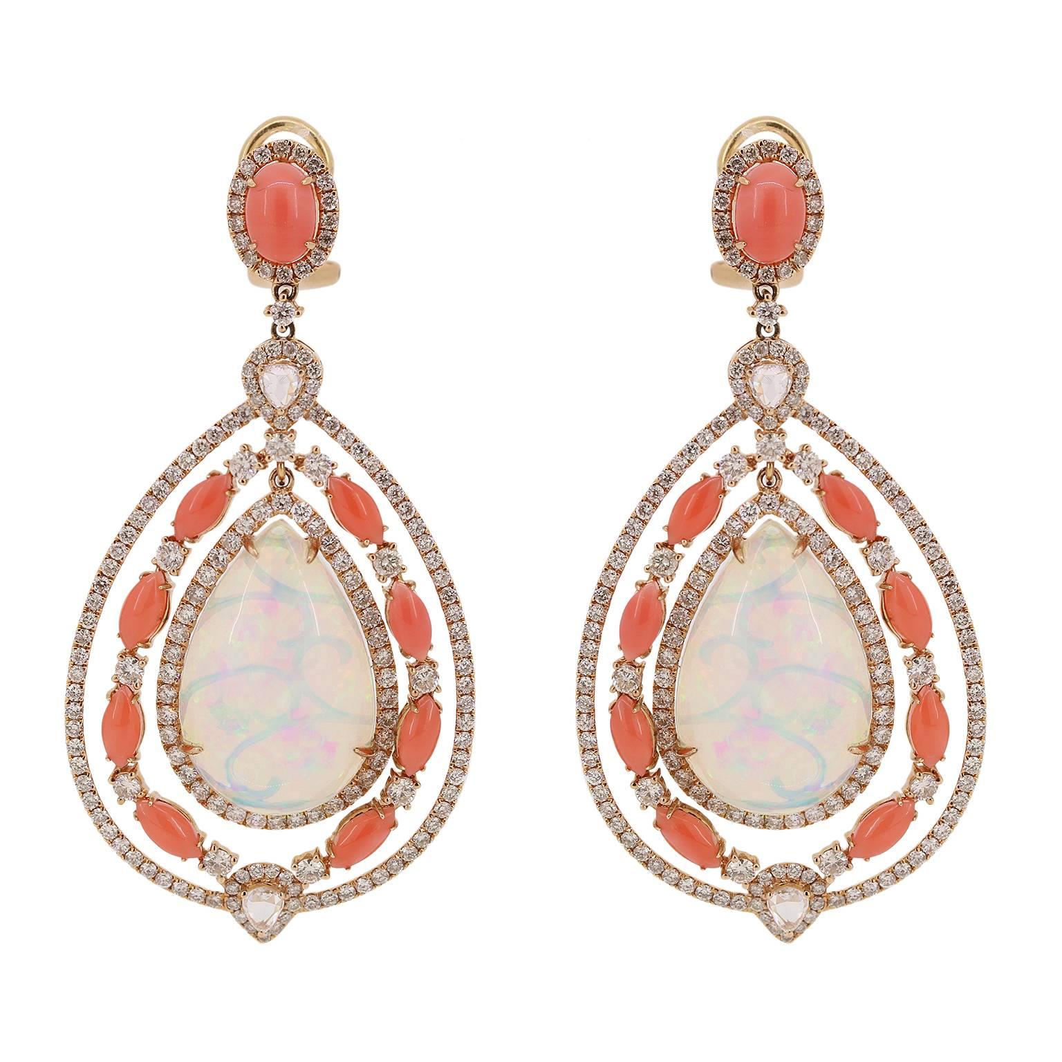 Ethiopian Opal Coral Diamond Drop Earrings For Sale