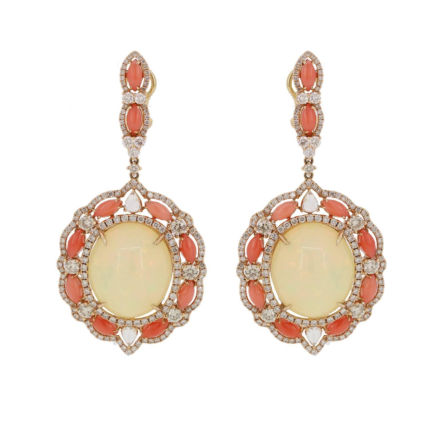 Ethiopian Opal Coral Diamond Earrings For Sale