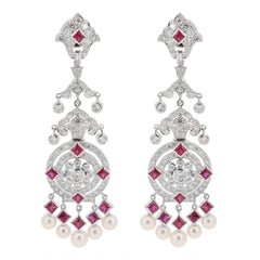 Ruby Diamond Pearl Chandelier Earrings 6