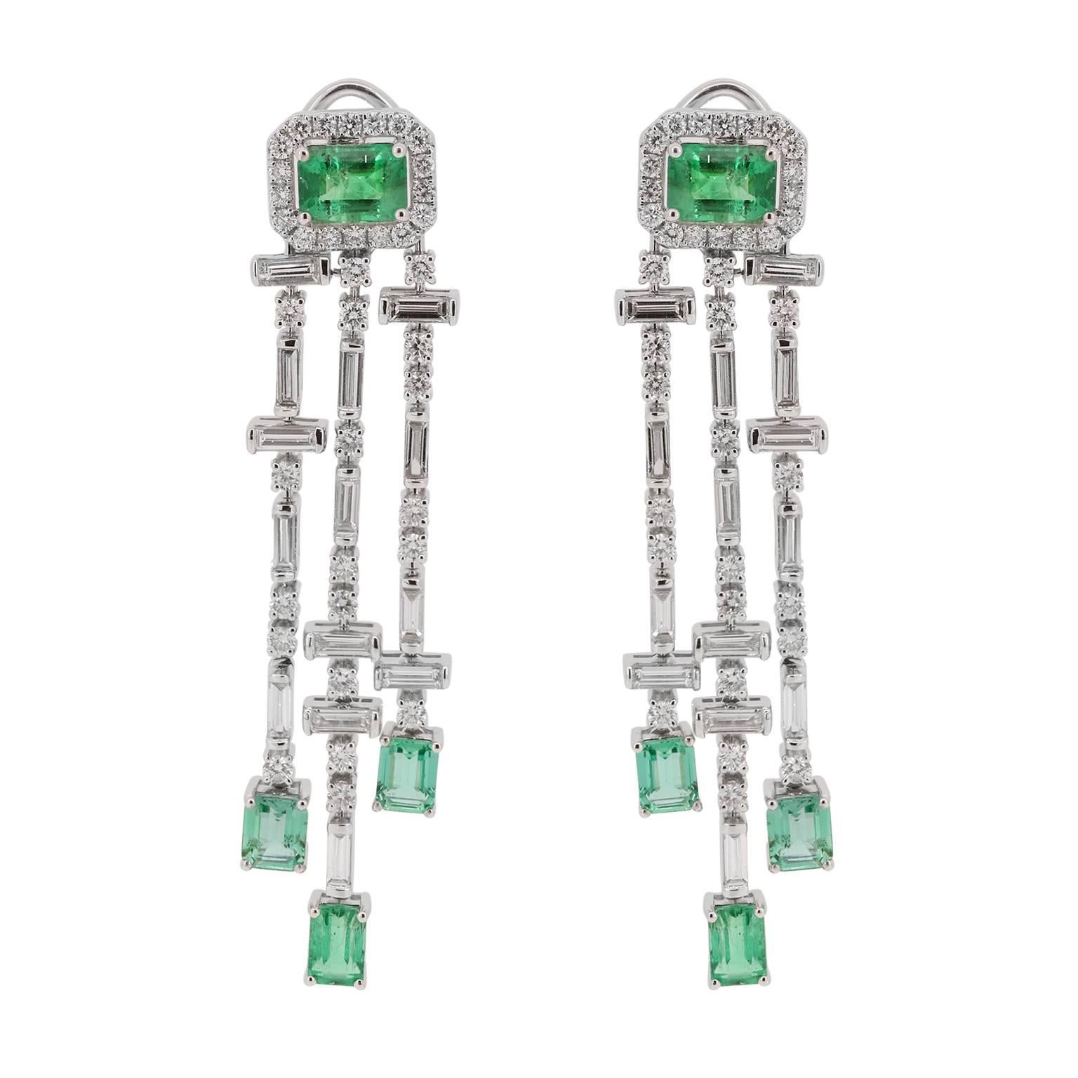Diamond Baguette and Emerald Chandelier Earring For Sale