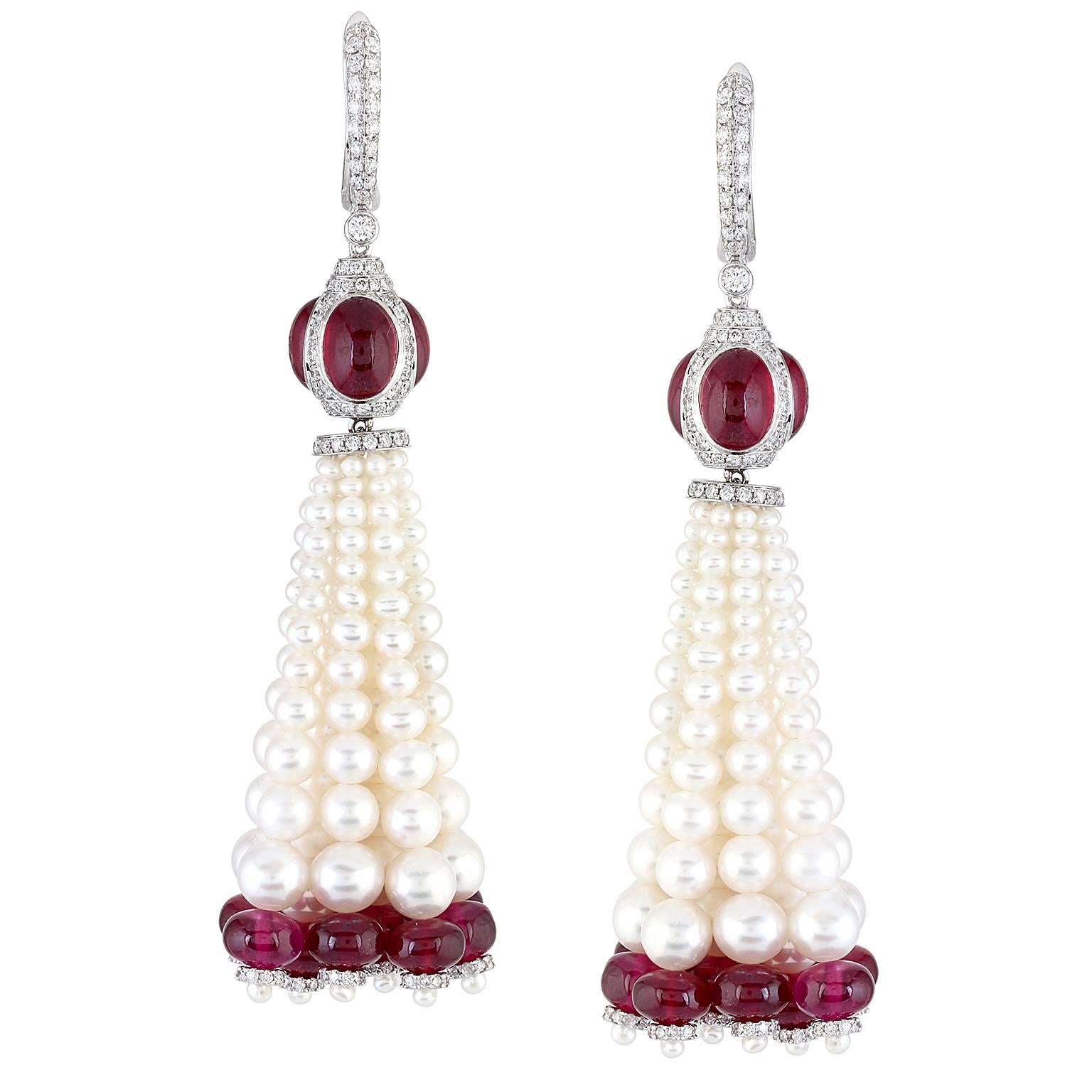 Ruby Pearl Diamond Tassel Earrings For Sale