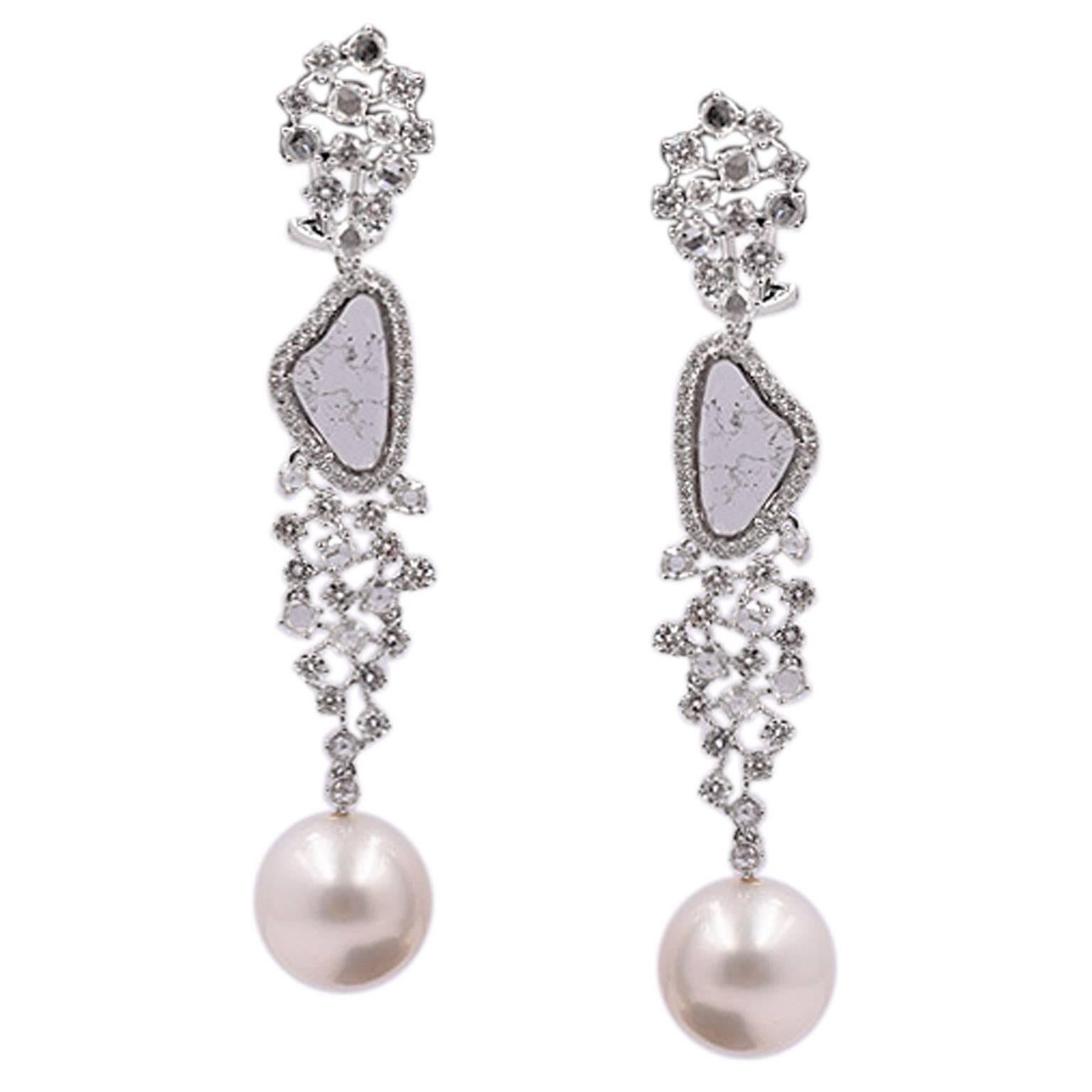 Rose Cut and Polki Diamond Pearl Drop Earring For Sale