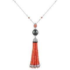 Coral Diamond and Pearl Tassel Pendant Necklace