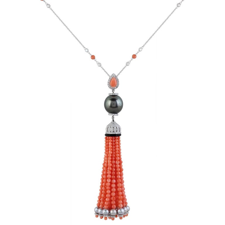 Coral Diamond and Pearl Tassel Pendant Necklace For Sale at 1stDibs