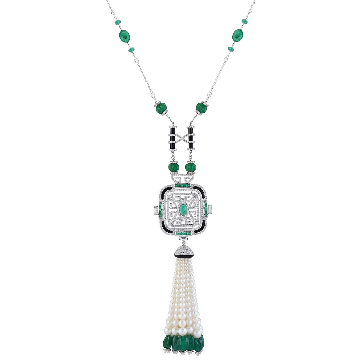 Emerald Pearl Diamond Tassel Pendant Necklace For Sale