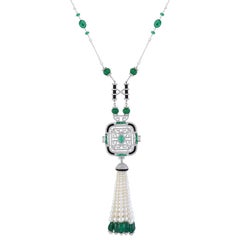 Emerald Pearl Diamond Tassel Pendant Necklace