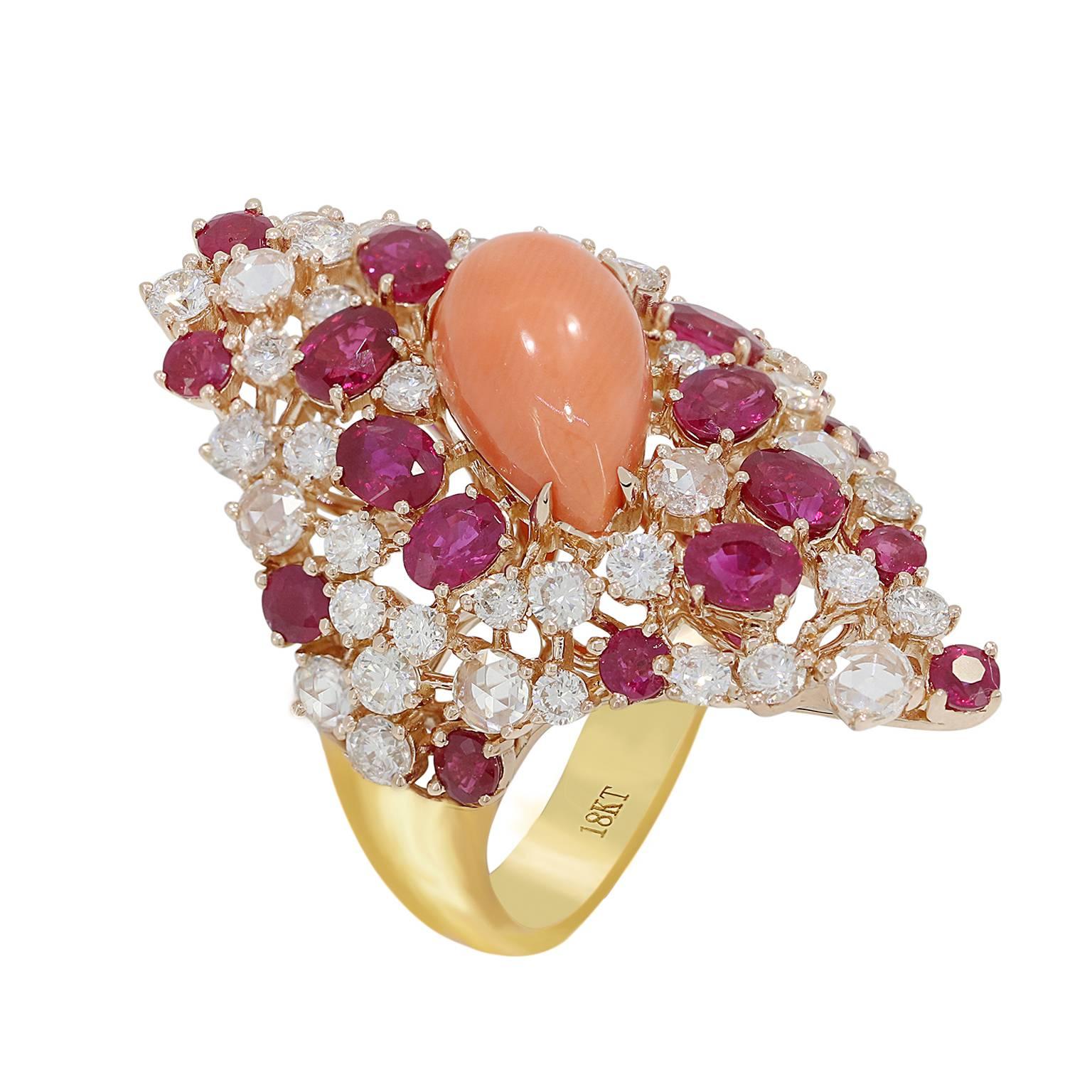 Coral Ruby Diamond Cocktail Ring For Sale