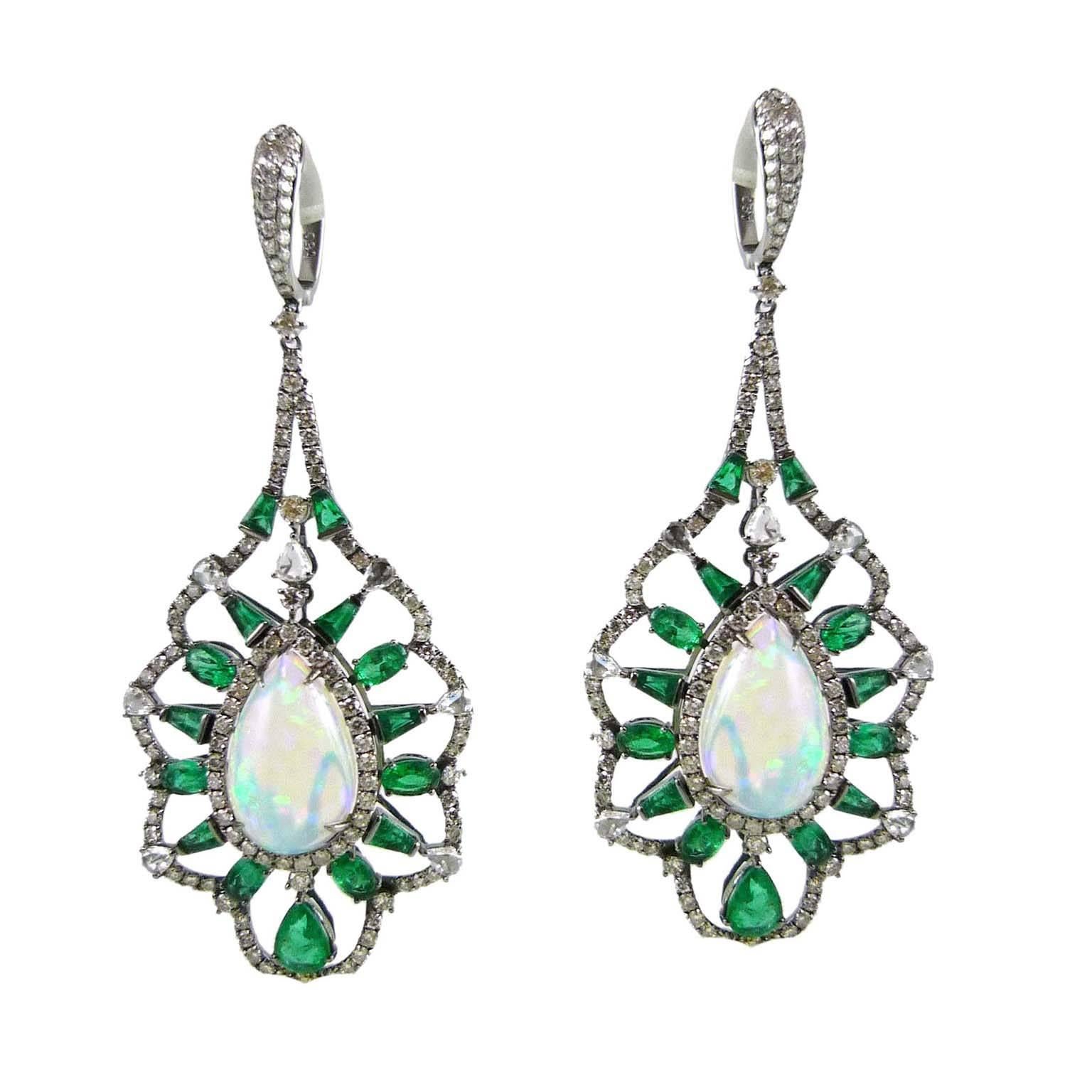 Emerald Ethiopian Opal Diamond Dangle Earrings For Sale