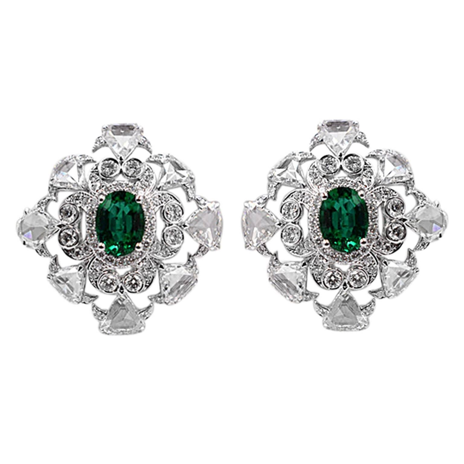 Oval Emerald and Diamond Earring For Sale