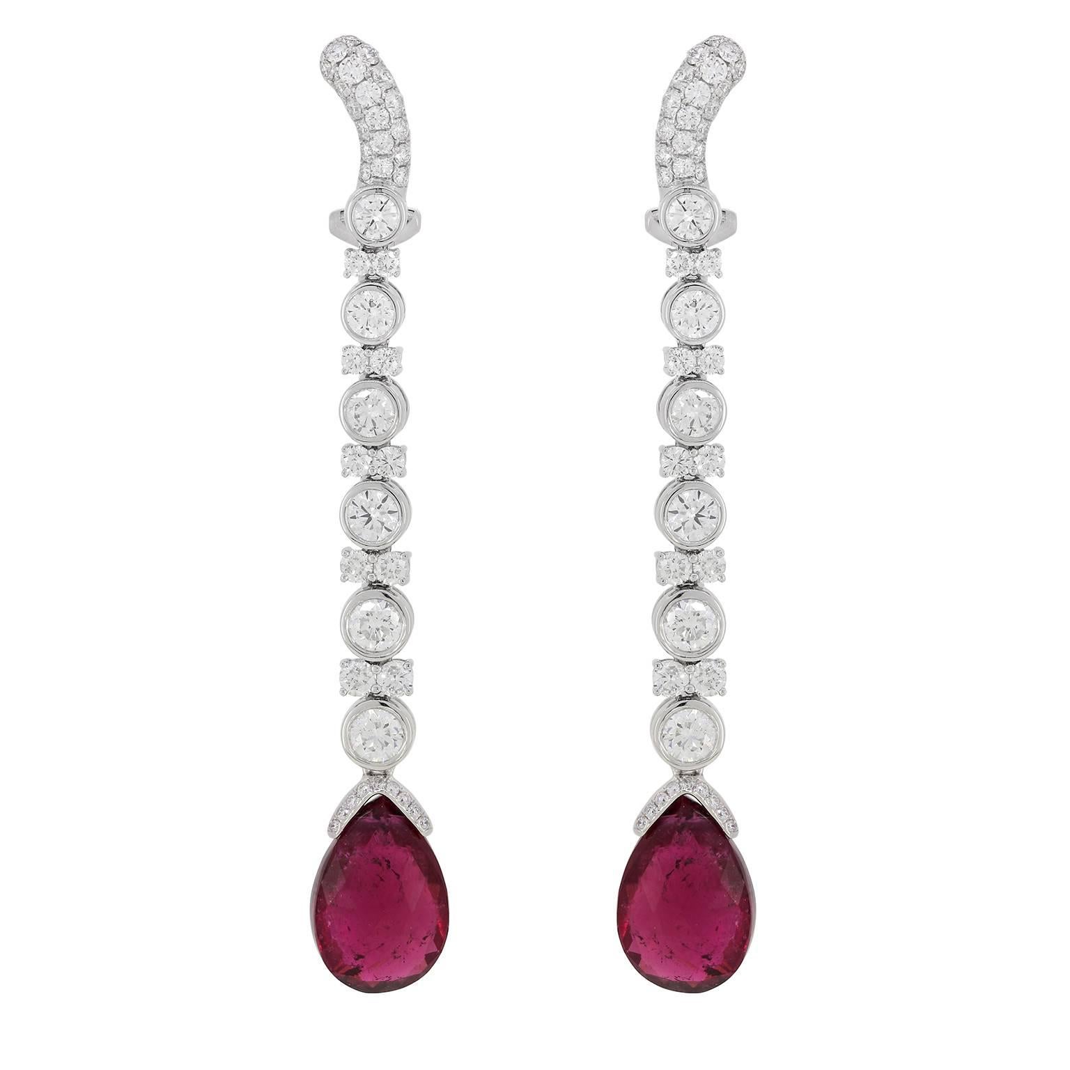 Diamond and Pink Tourmaline Drop Earring For Sale