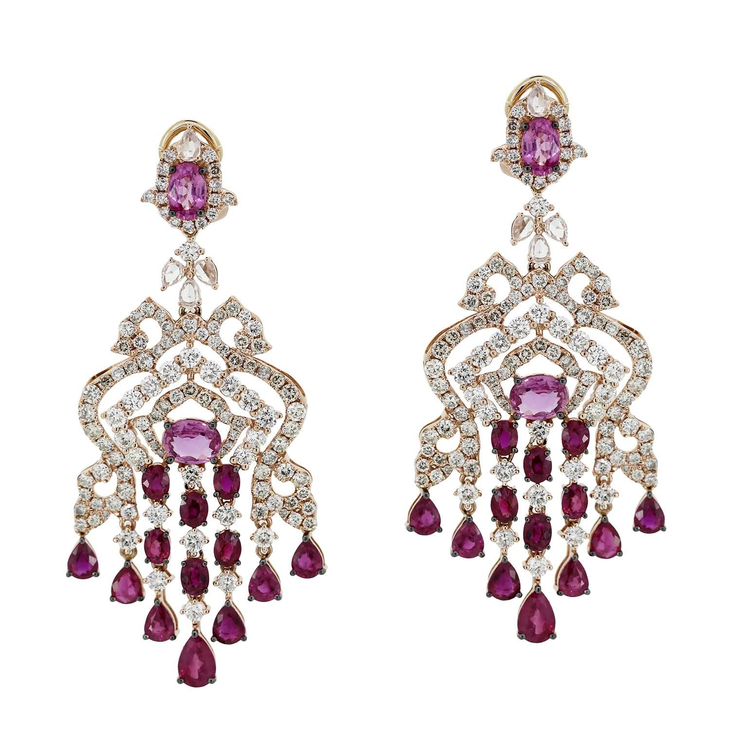 Ruby Pink Sapphire Diamond Chandelier Earrings For Sale
