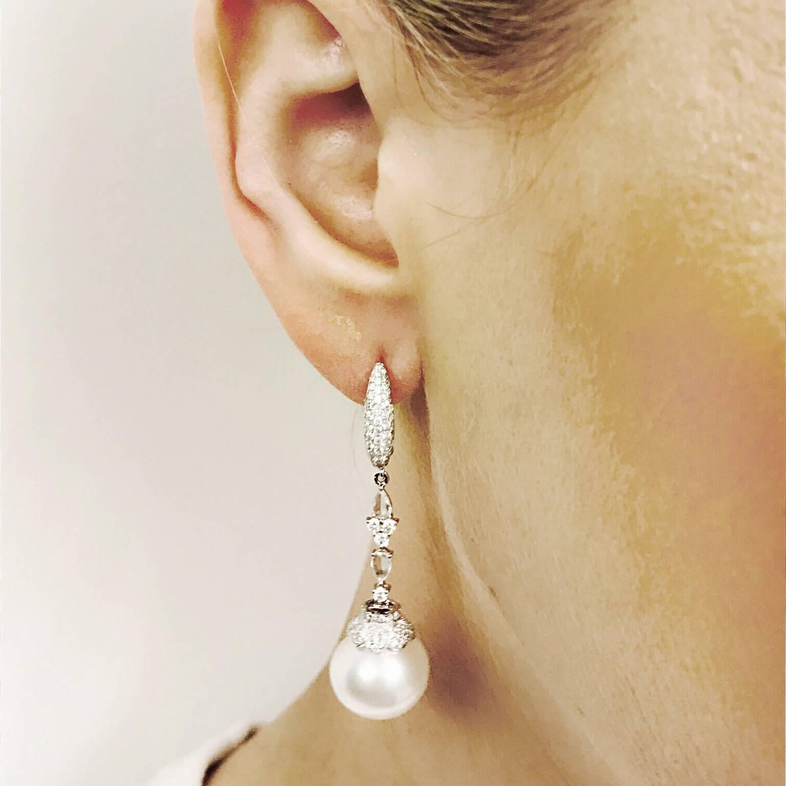 Women's South Sea White Pearl Diamond Drop Earring For Sale