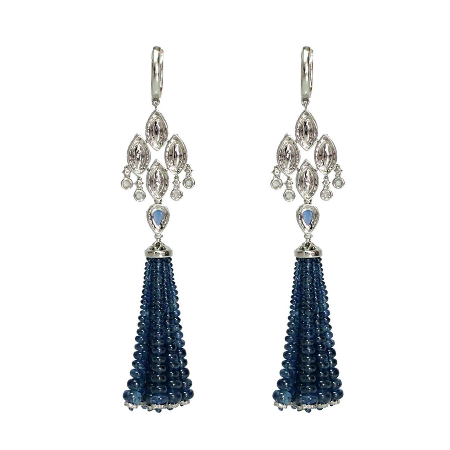 Ethiopian Opal Blue Sapphire Diamond Tassel Earrings In New Condition For Sale In New York, NY