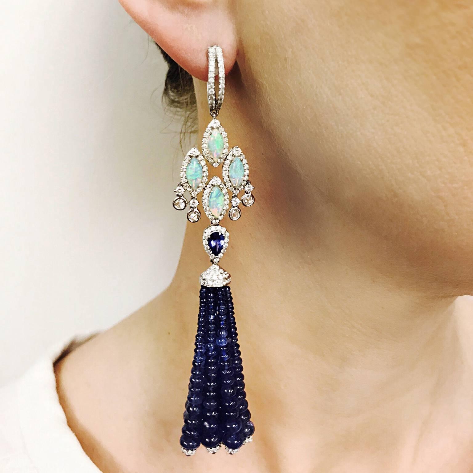 Women's or Men's Ethiopian Opal Blue Sapphire Diamond Tassel Earrings For Sale