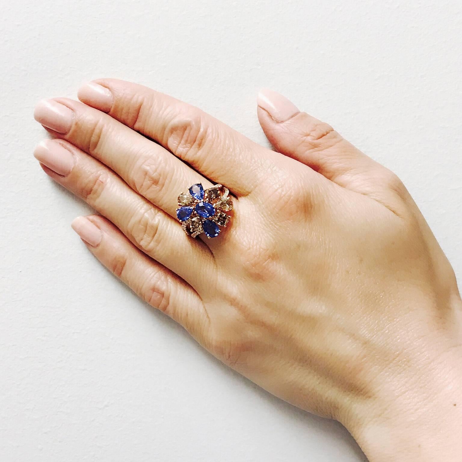 Brown Diamond Blue Sapphire Floral Ring For Sale 1