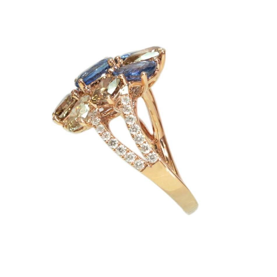Brown Diamond Blue Sapphire Floral Ring In New Condition For Sale In New York, NY