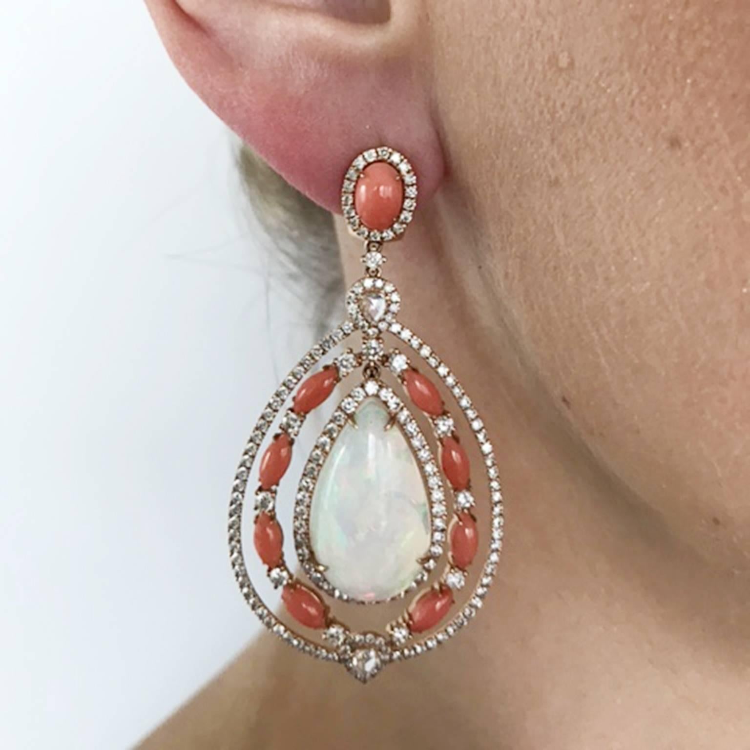 Ethiopian Opal Coral Diamond Drop Earrings In New Condition For Sale In New York, NY