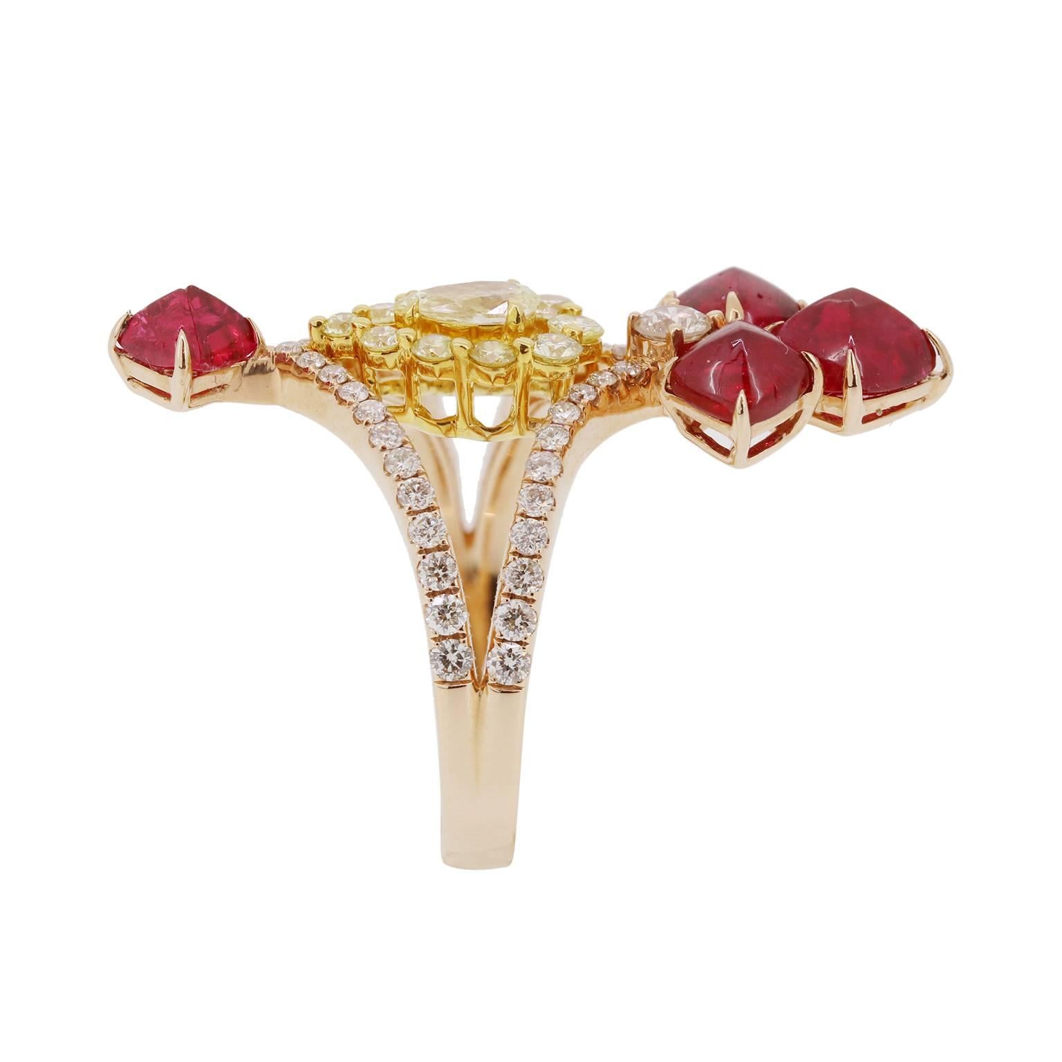 This unique north to south design with 3.27cts of red spinel and 0.61cts of yellow diamonds will fit flawlessly on your finger.  With and added 0.68 cts of white diamond accents through out the design down to the shank for that extra bit of