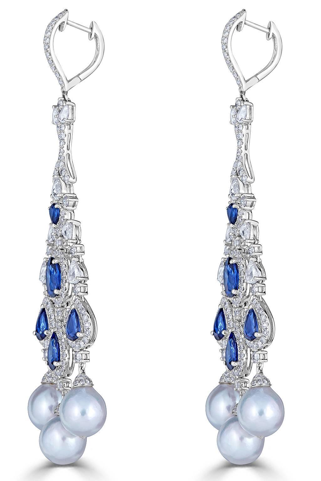 Looking for a classic, regal and chic earring for your next big event?  Then this one is for you!  Gray pearls, white diamonds, and blue sapphire, what more can you ask for?  Post / Snap Hinge

Diamond approx. - 3.99tcw
Blue Sapphire approx. -