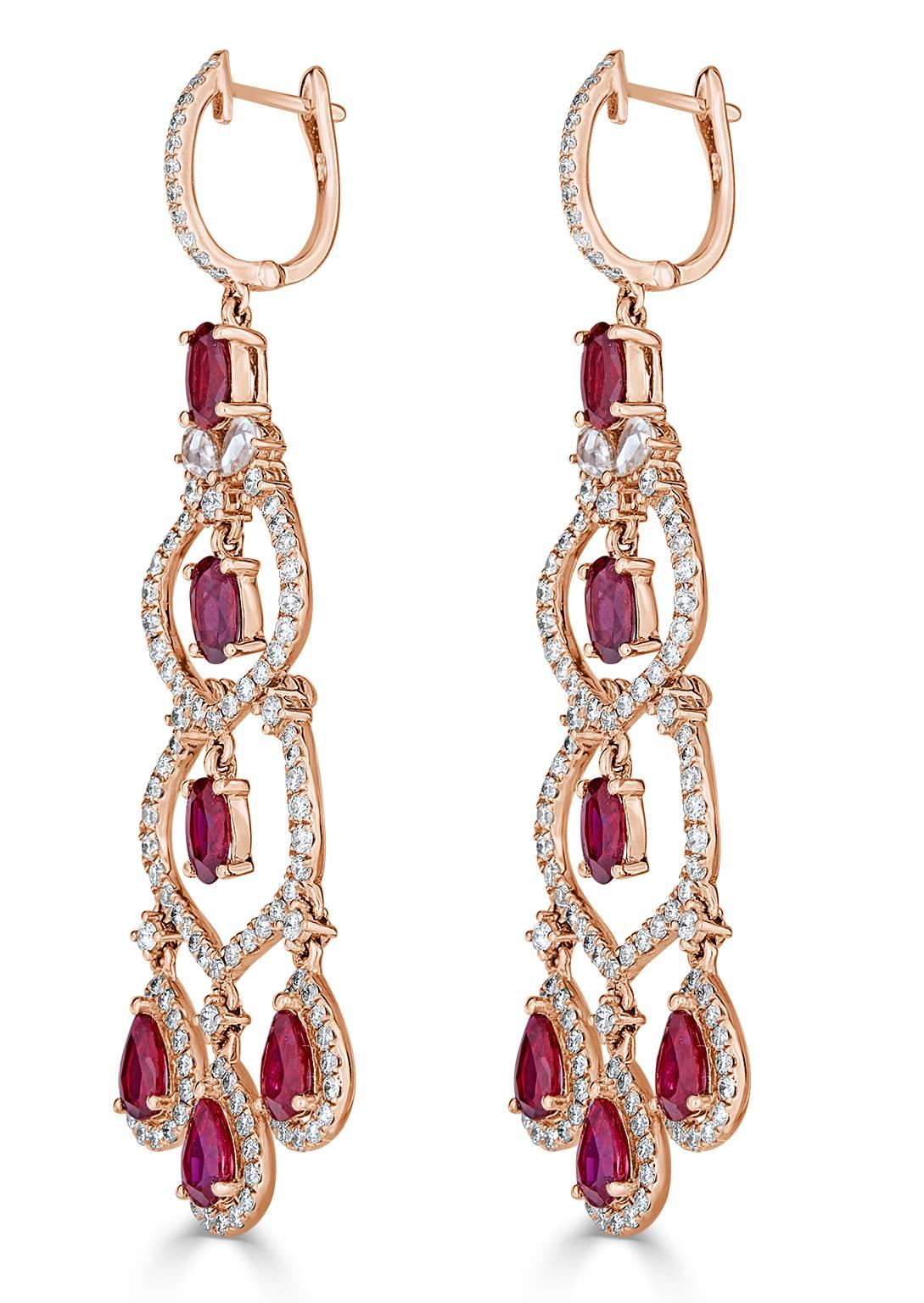 This charming chandelier earring contains 4.90 carats of Rubies.  Diamond pave accents are added throughout the earring for more of a sparkle factor.  If you are looking for a fun and flirty earring for your next cocktail party.  Look no further.
