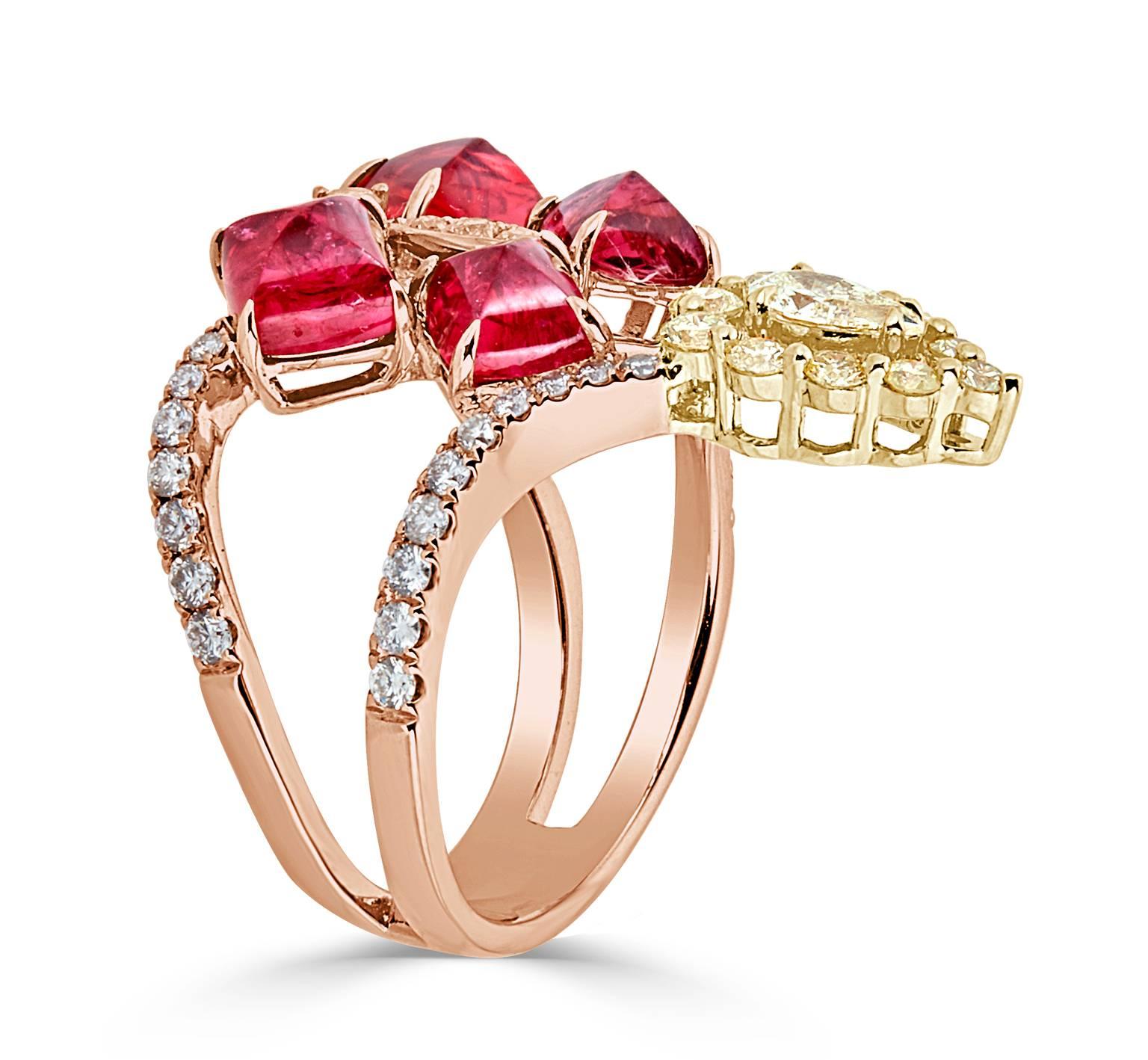 This delicate, yet powerful red spinel and yellow diamond and white diamond accents ring is magnificent.  It will shimmer on any finger you decide to wear it on; ring, middle or index and with the pear shaped yellow diamond pointing down or up, the