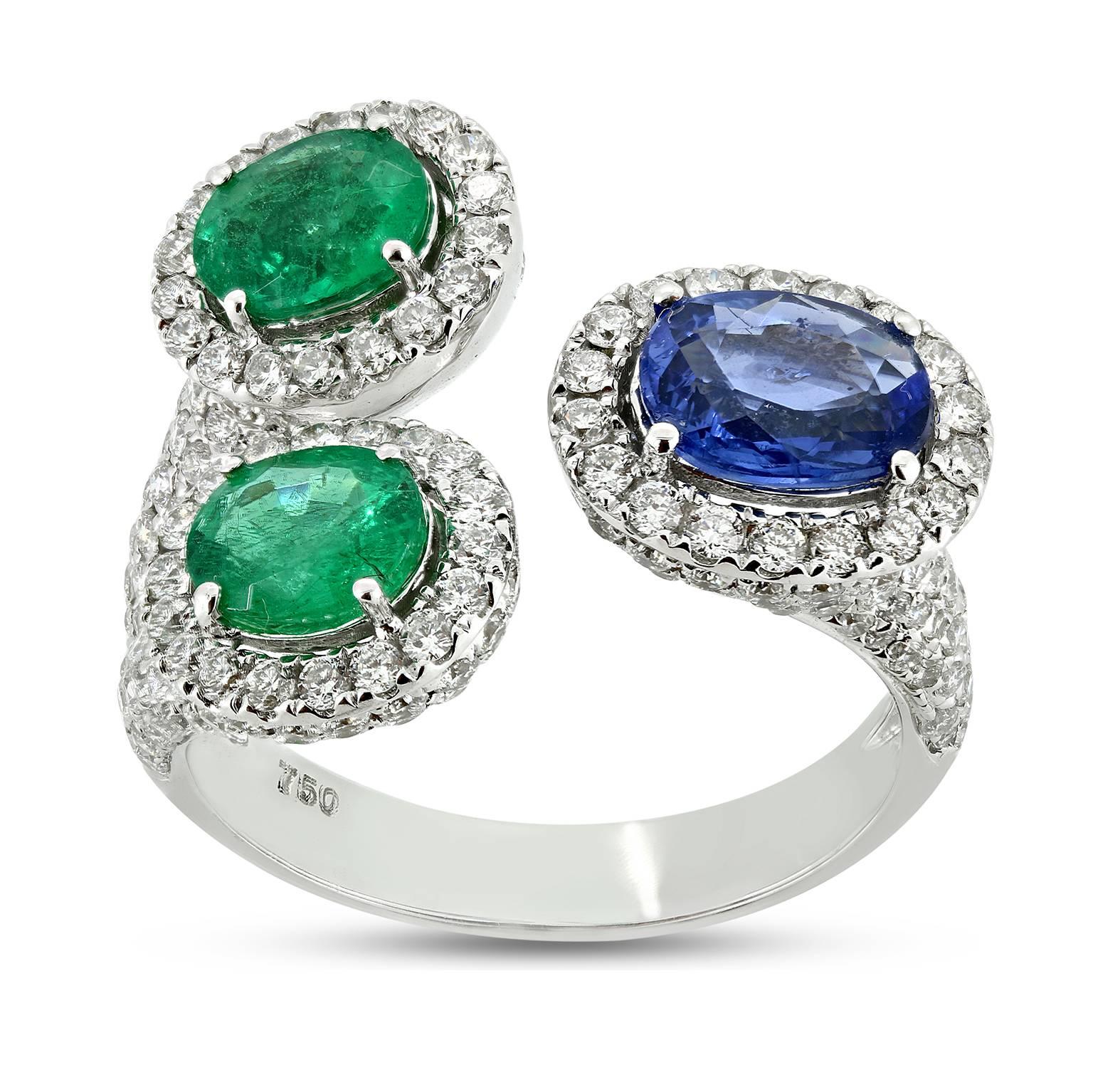 A mixture of both Emerald and Blue Sapphire is always a beautiful serene color combination.  Where this ring on the middle finger for a trendy statement or on the right hand ring finger for a more formal and traditional look. 

Blue Sapphire approx.