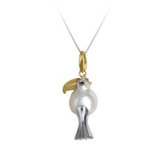 Toucan Black Diamond White and Yellow Gold Pearl Charm or Pendant/Necklace