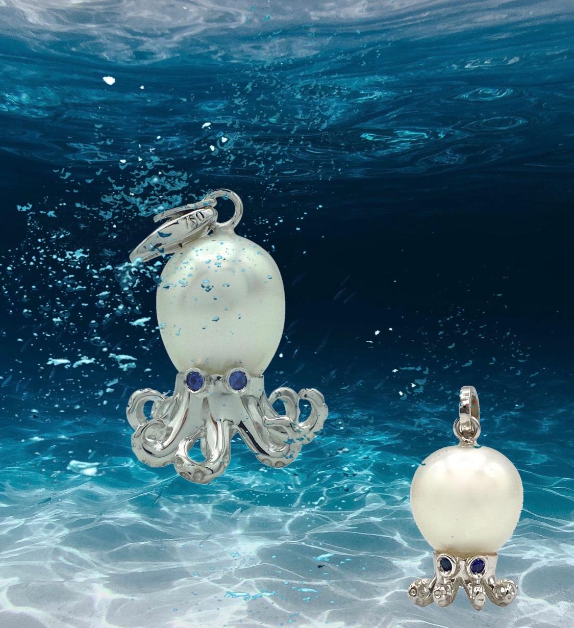 Petronilla Octopus Blue Sapphire White 18Kt Gold Tahitian Pearl Pendant/Necklace 2