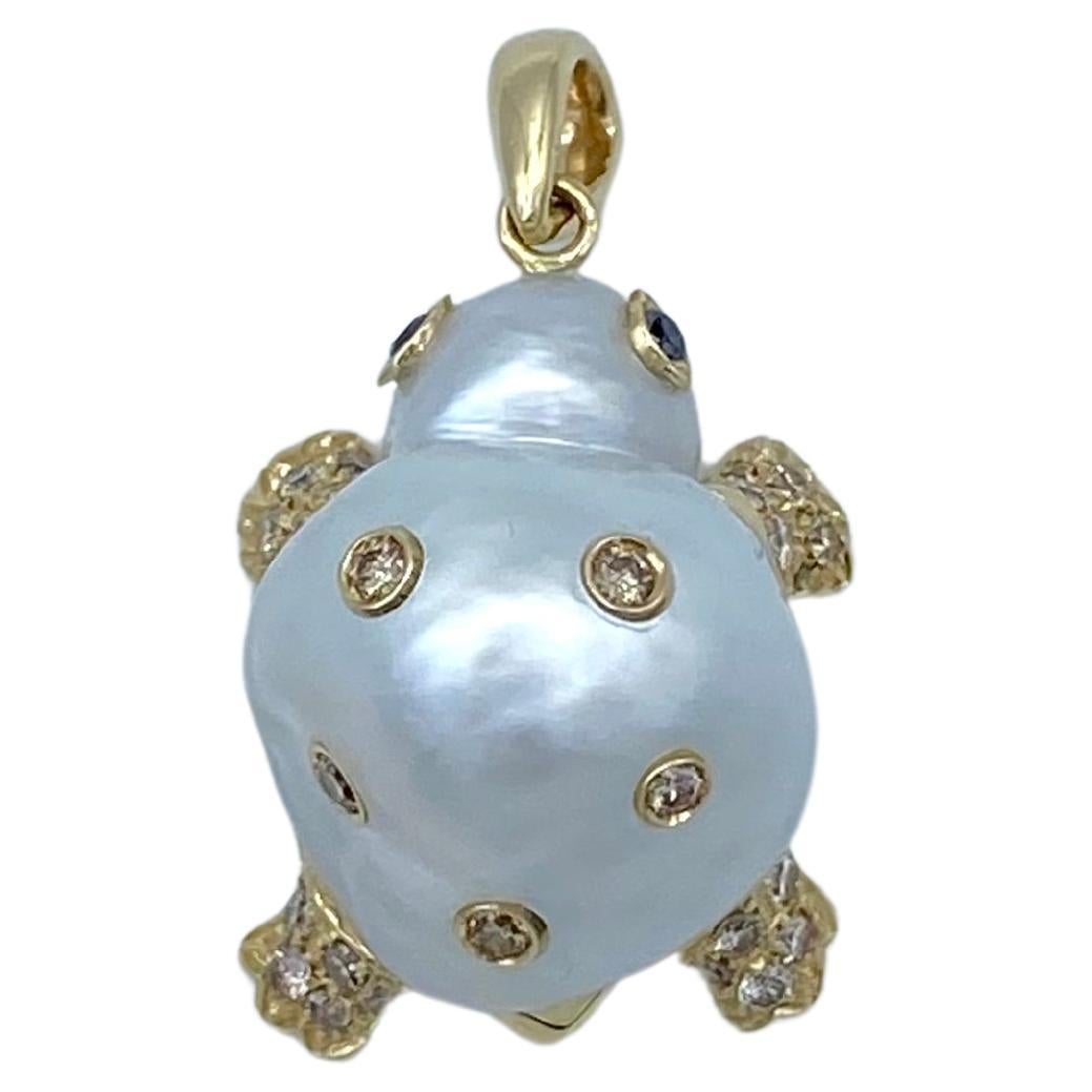 Turtle Brown Black Diamond 18 Karat Australian Pearl Gold Pendant/Necklace  For Sale