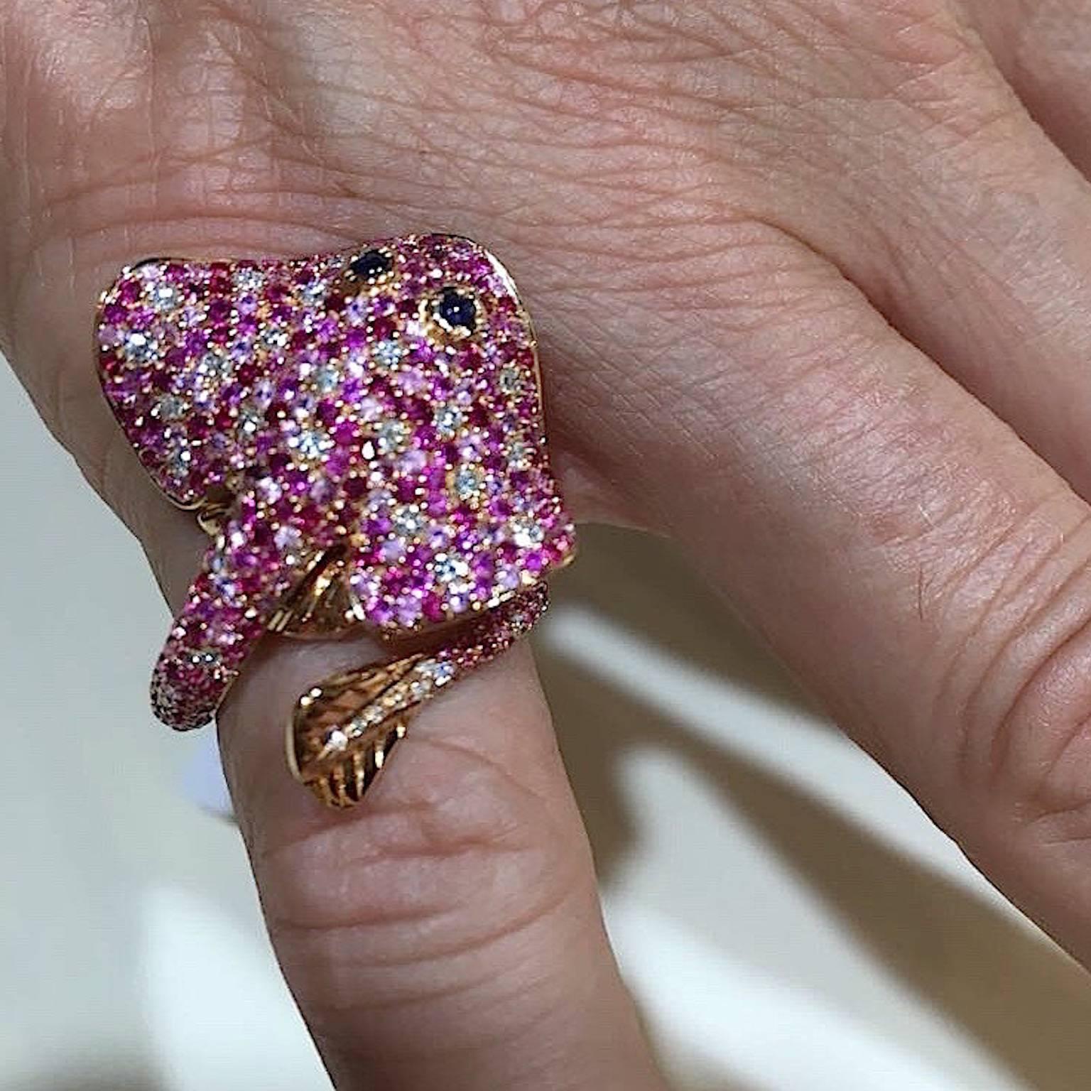 Round Cut Ray Fish White Diamond Pink and Blue Sapphire Ruby 18 Kt Gold Ring Made in Italy
