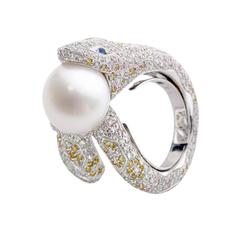 Snake White Yellow Pink Diamond Sapphire Pearl 18kt Gold Ring and Jewelry box