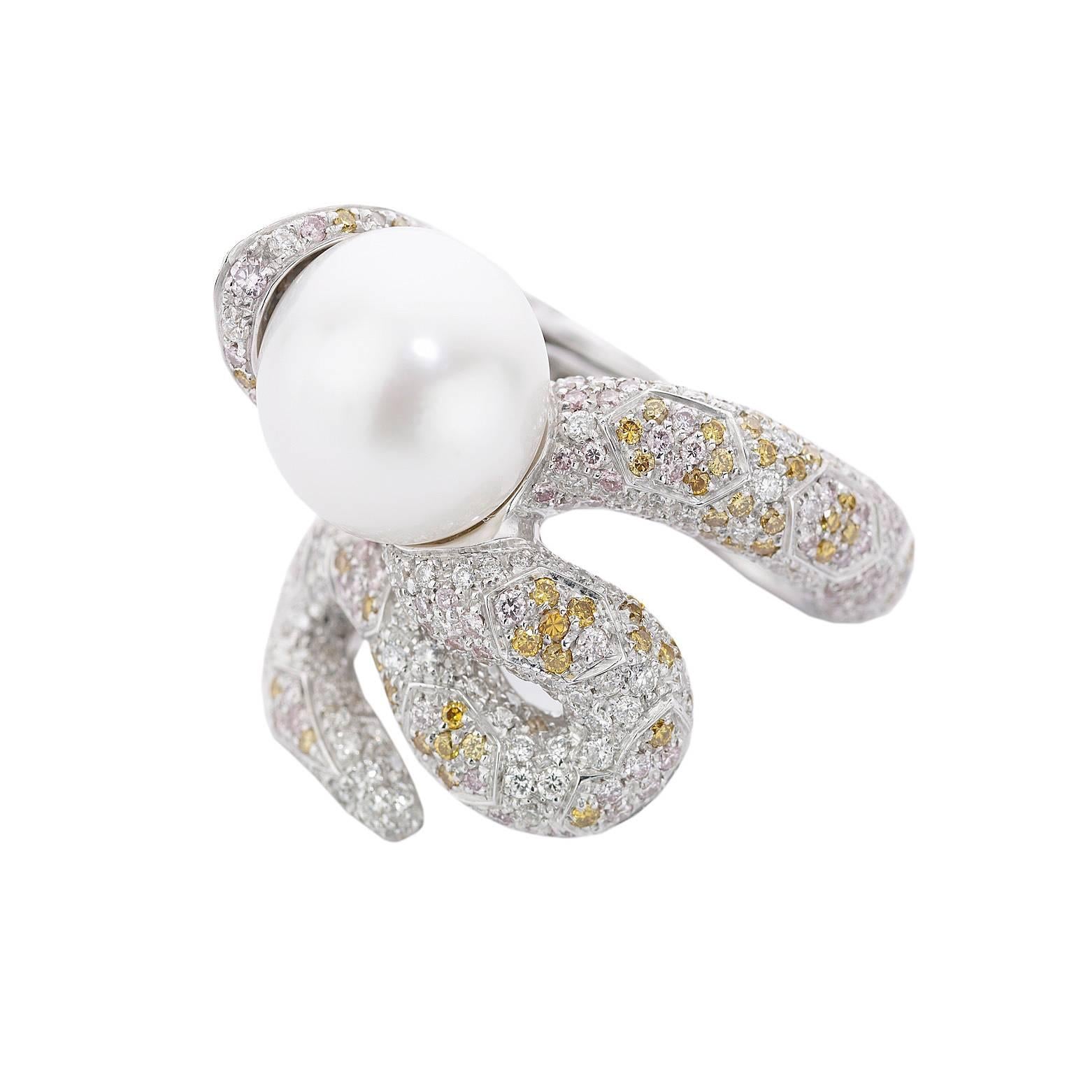 Taille ronde Bague et coffret à bijoux serpent en or 18 carats avec diamants blancs, jaunes, roses, saphirs et perles en vente