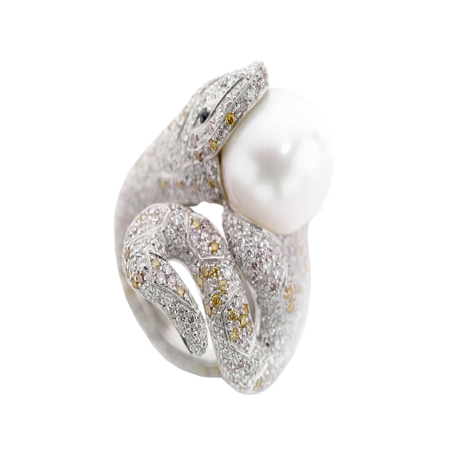 Bague et coffret à bijoux serpent en or 18 carats avec diamants blancs, jaunes, roses, saphirs et perles Neuf - En vente à Bussolengo, Verona