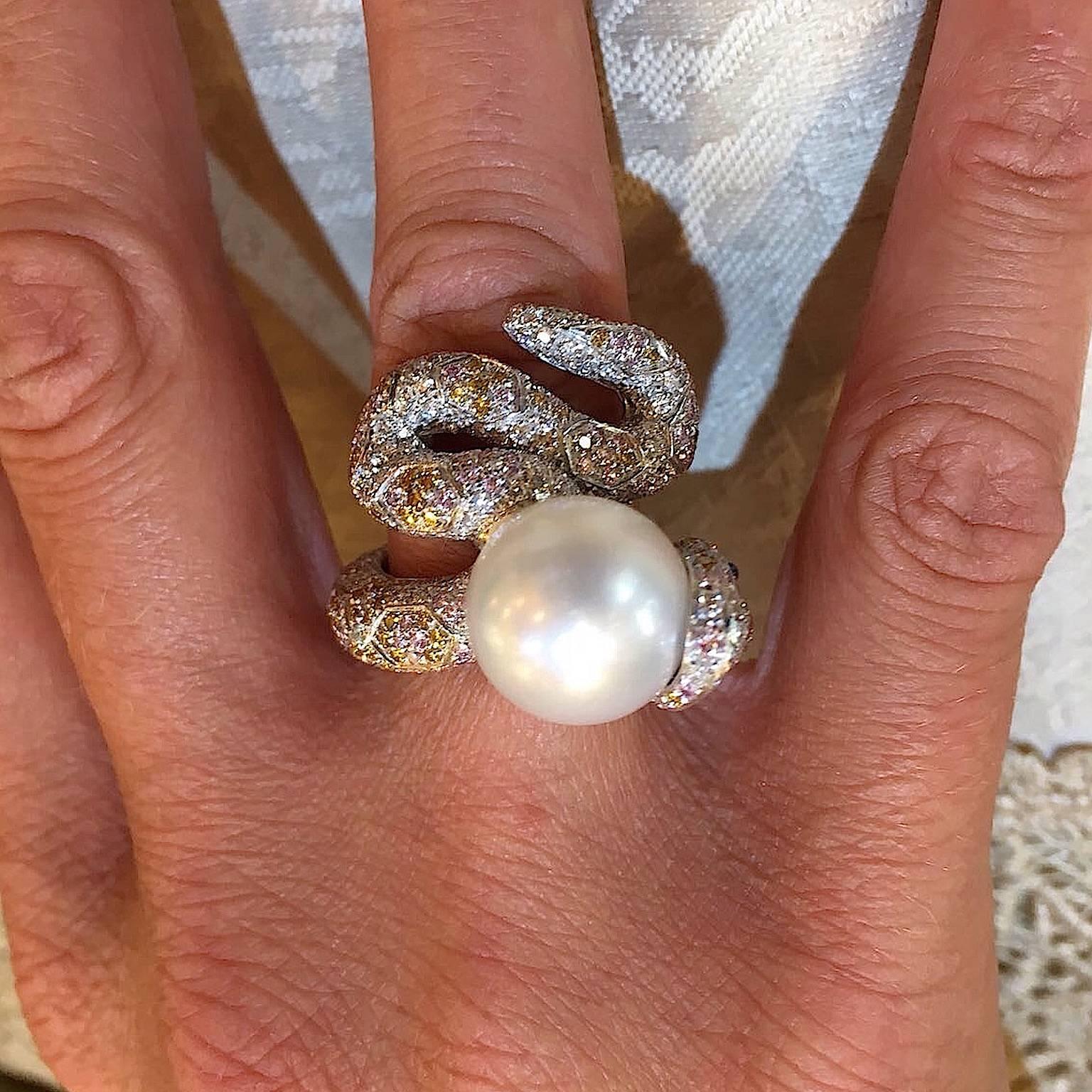 Contemporary Snake White Yellow Pink Diamond Sapphire Pearl 18kt Gold Ring and Jewelry box For Sale