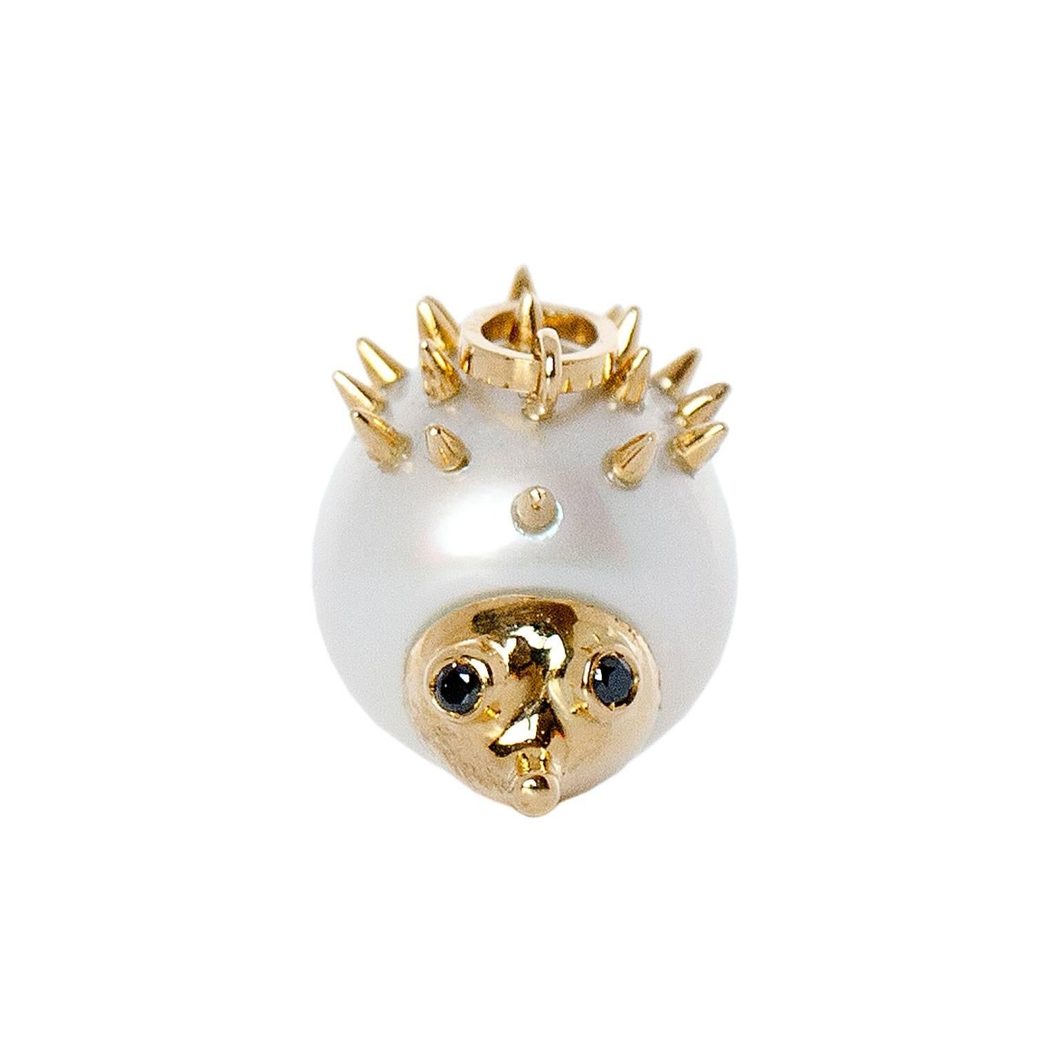 Artisan Hedgehog Diamond Australian Pearl 18K Gold Pendant/Necklace