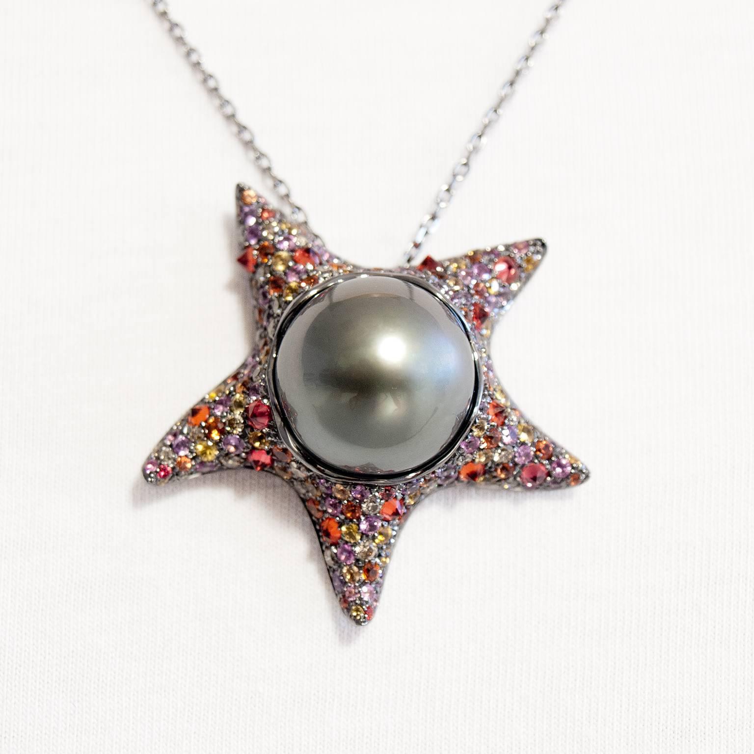 Contemporary Multicolor Sapphire Brown Diamond Tahitian Pearl Gold Starfish Pendant