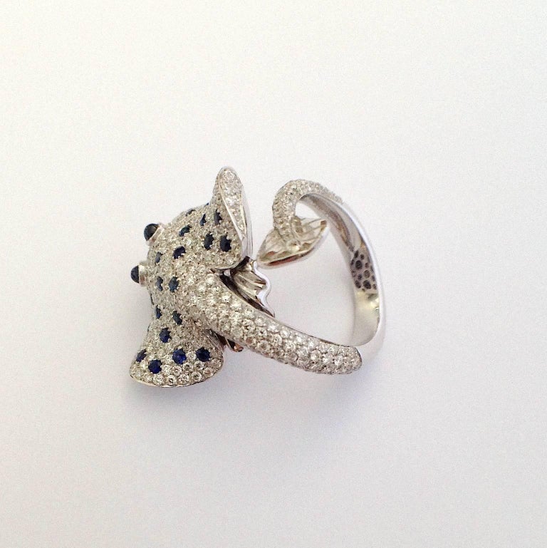 Petronilla Ray Fish Blue Sapphire White Diamond 18Kt Gold Ring Made in ...