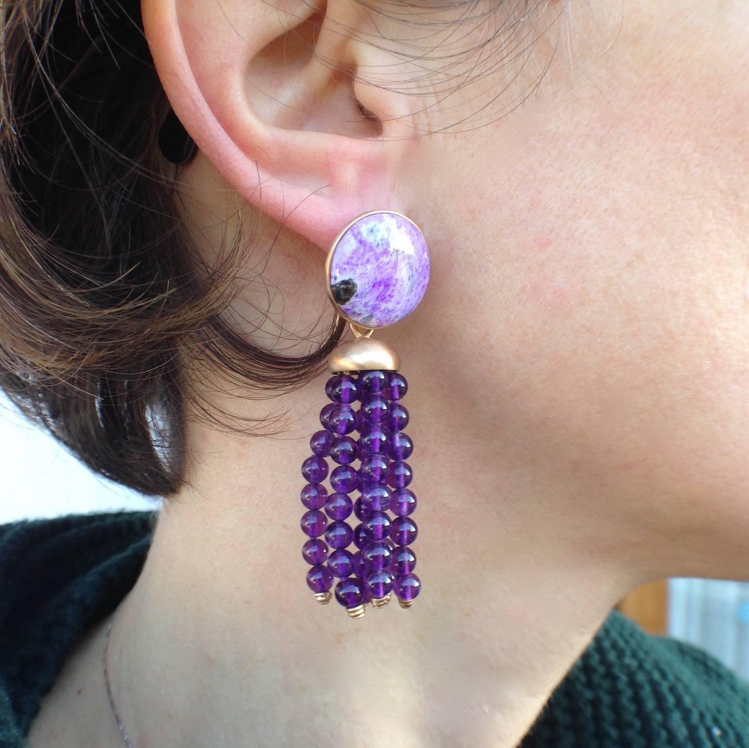 Women's Roman Style Sugelite Amethyst Red 18Kt Gold Stud and Dangle Drop Earrings  For Sale