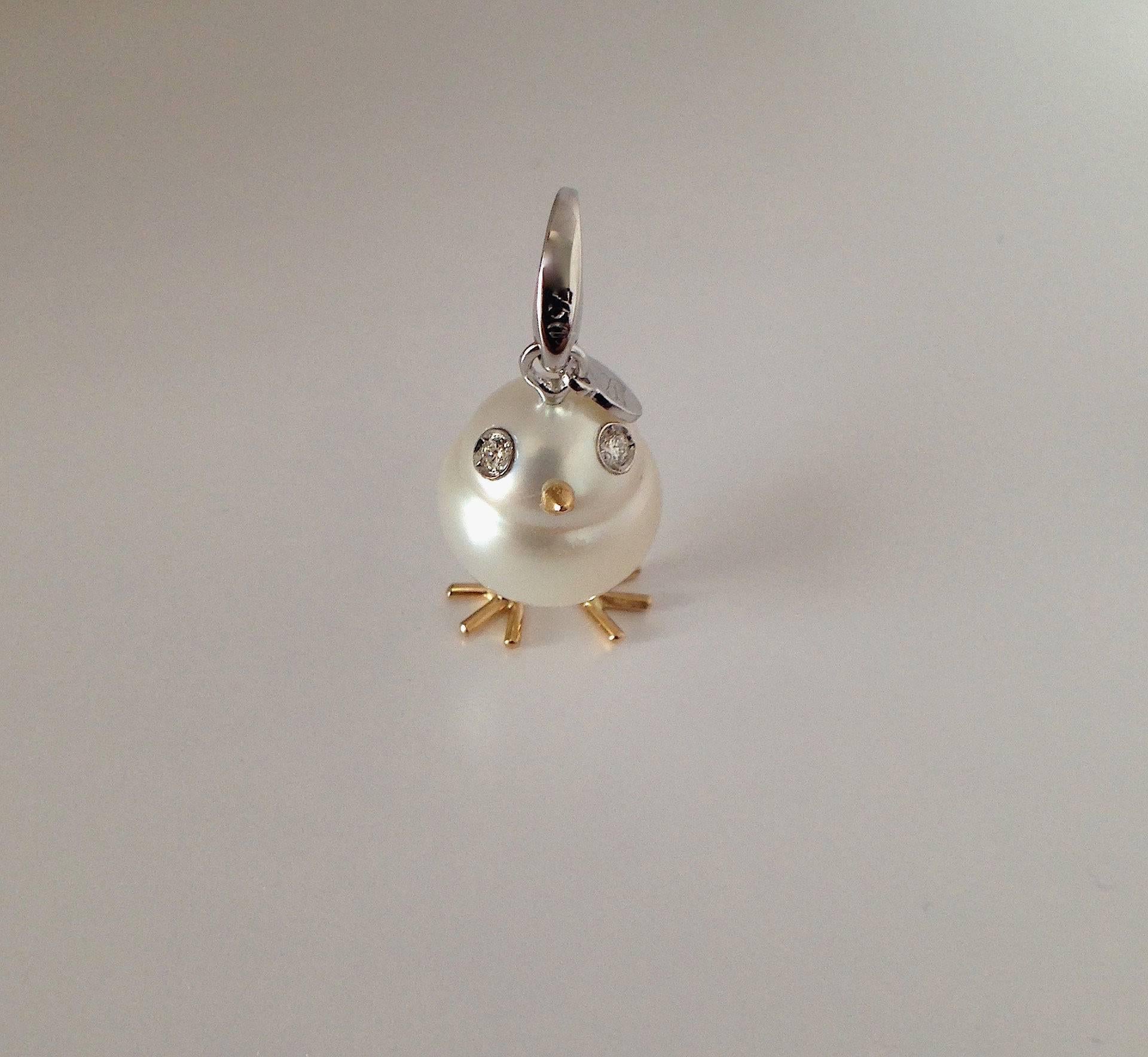 Women's Baby Chick Australian Pearl White Diamond Yellow Gold Pendant/Necklace or Charm