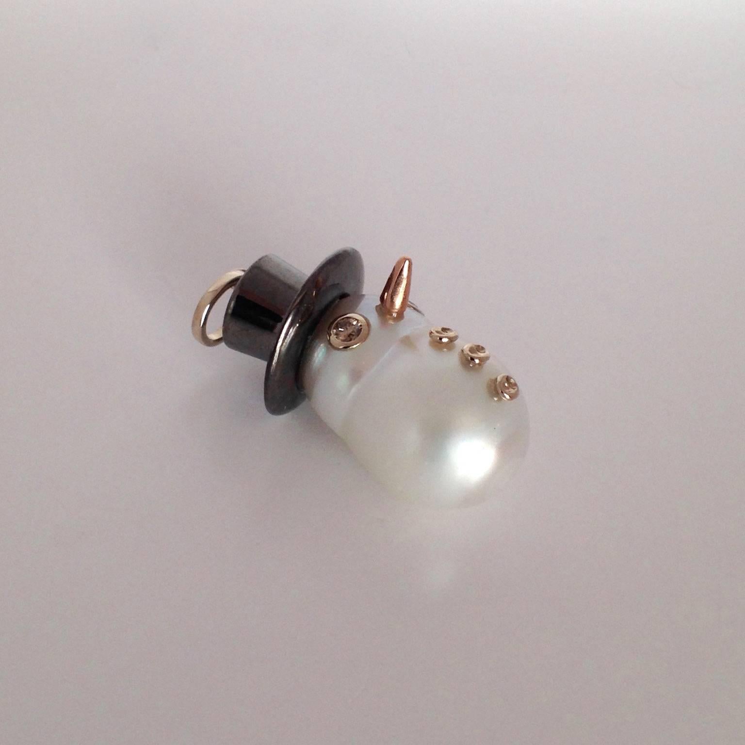 Contemporary Snowman Diamond Pearl Gold Pendant