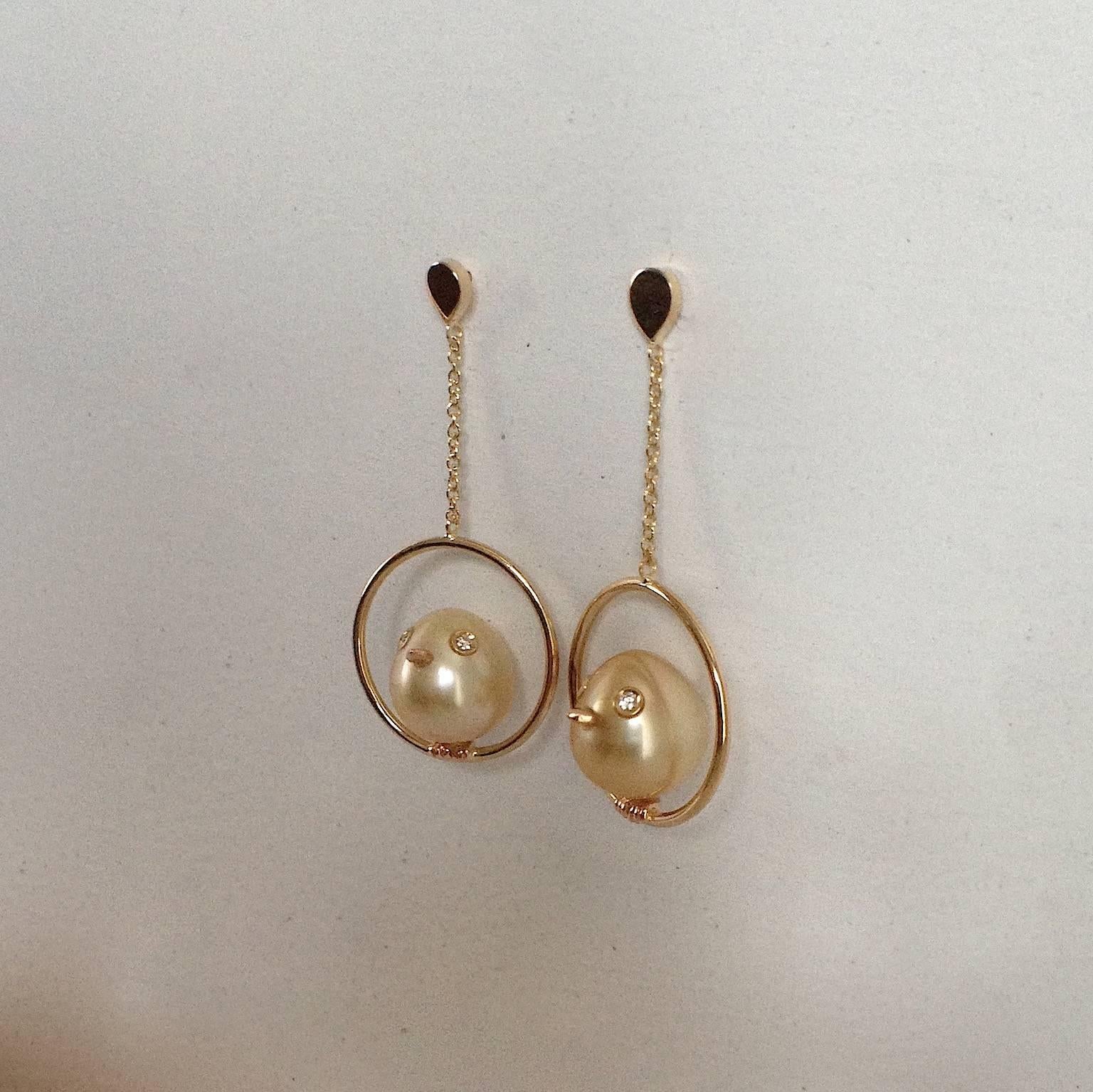 Women's Bird Diamond South Sea Oval Pearl 18Kt Gold Drop Dangle Earrings Made in Italy