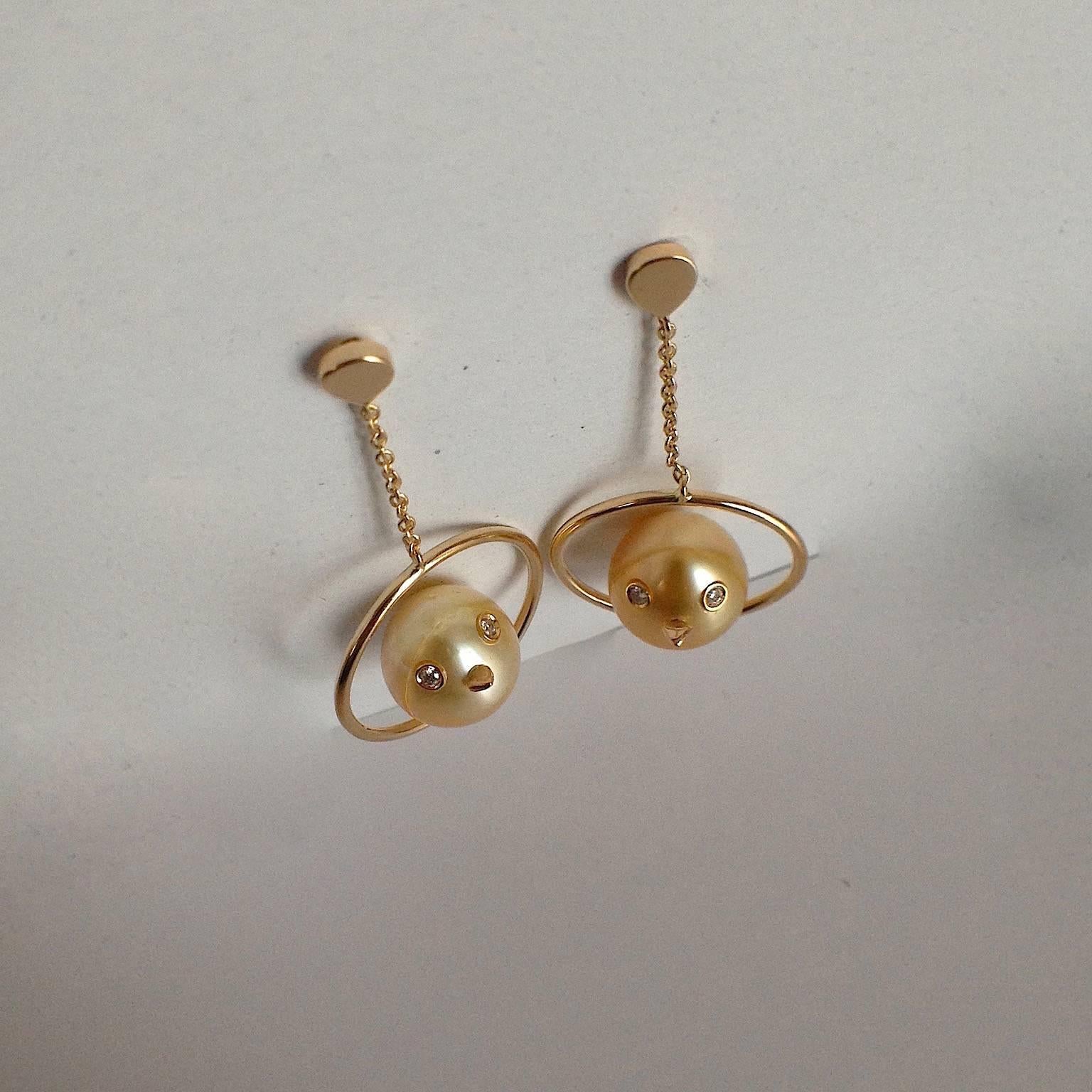 Bird Diamond South Sea Oval Pearl 18Kt Gold Drop Dangle Earrings Made in Italy 1